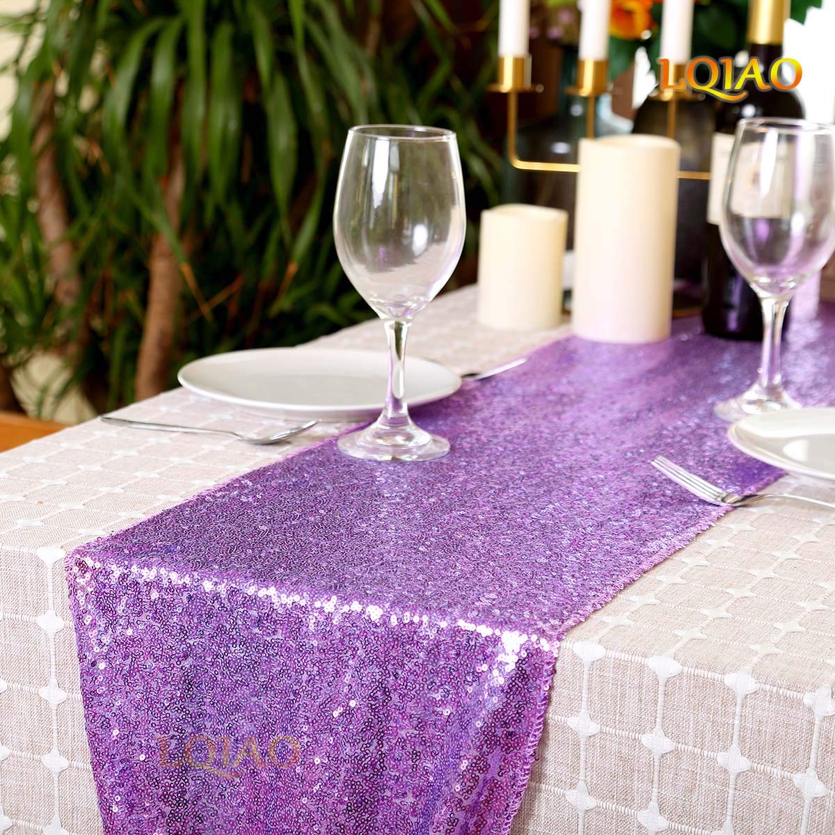 Lqiao Lavender Table Runner Glitter Sequin Table Runner 12X108 Inches For Bridal Baby Shower Girls Birthday Party Sweetheart Tab