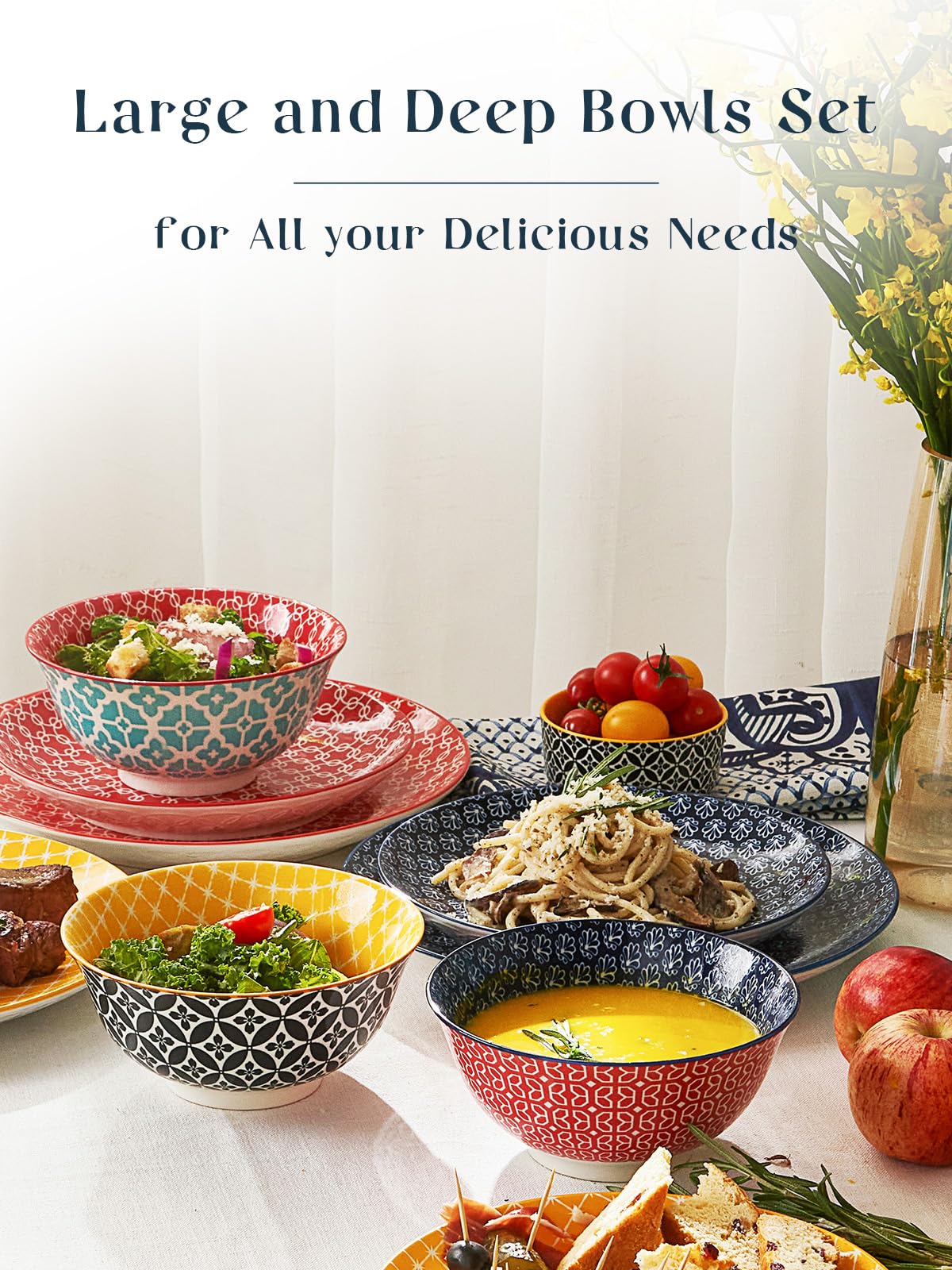 DOWAN 33 OZ Colorful Large Bowls Set of 6 - Ceramic Deep Bowls for Ramen  Pasta  Salad - Vibrant Patterned Porcelain Bowls for Kitchen Decor & Housewarming Gift - Dishwasher & Microwave Safe