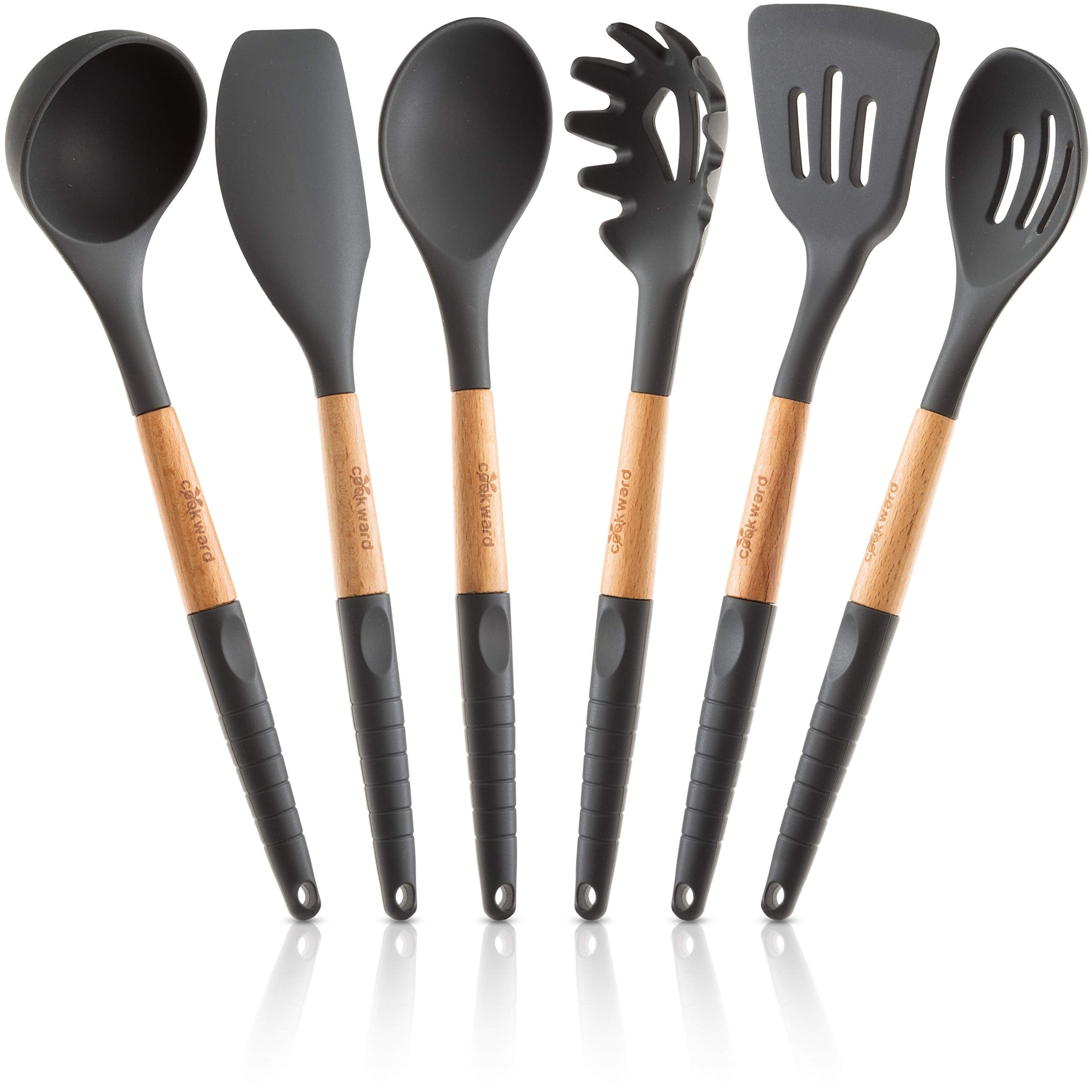 Cookward Silicone Cooking Utensils Set (6 Pcs) Natural Wood Kitchen Utensils - Eco Friendly & Bpa Free, Non-Scratch & Non-Stick