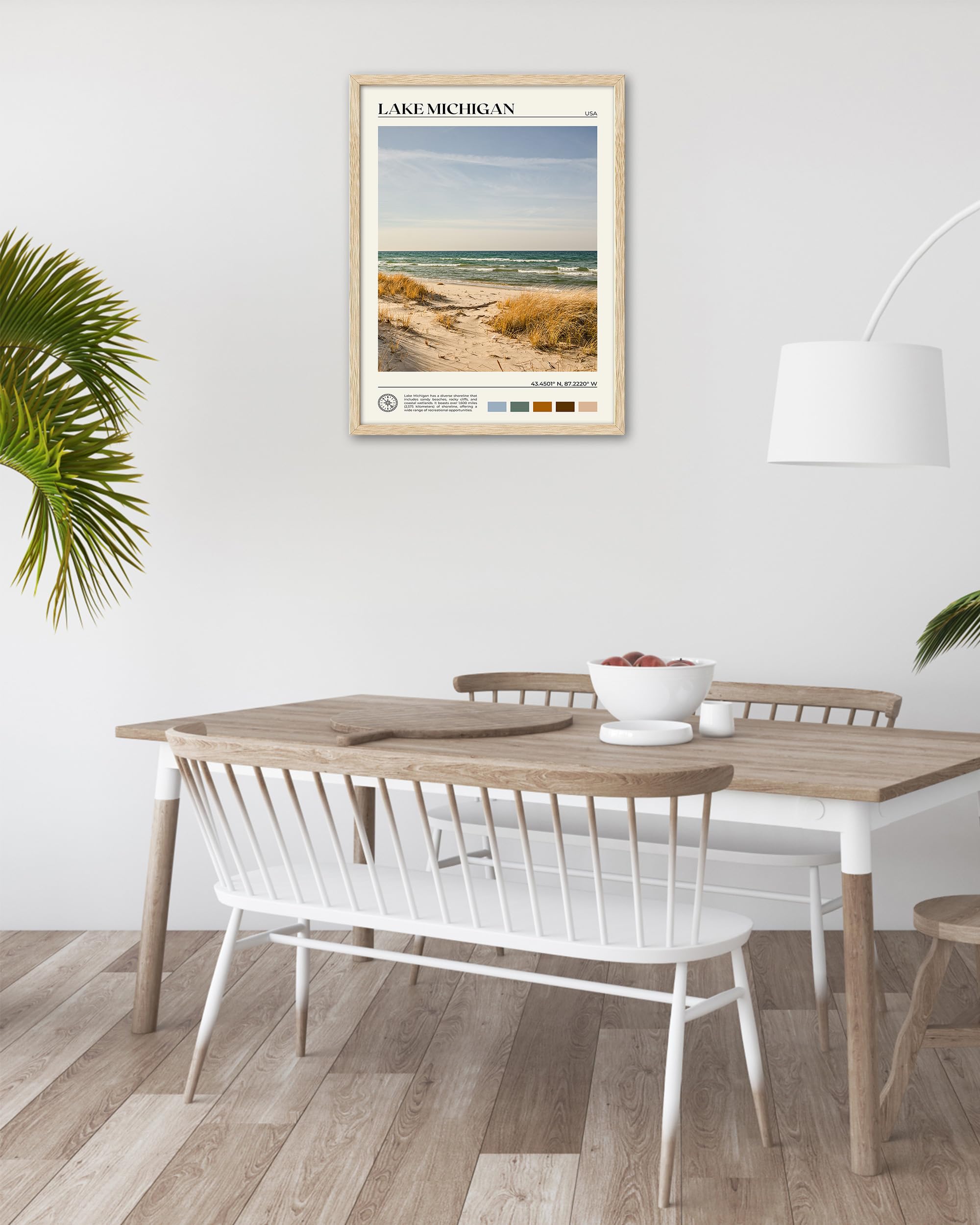 Hesendot Natural Oak Wood Lake Michigan Framed Wall Art,12X16In Natural Scenery Canvas Wall Print,Classic Urban City Landmark Wa