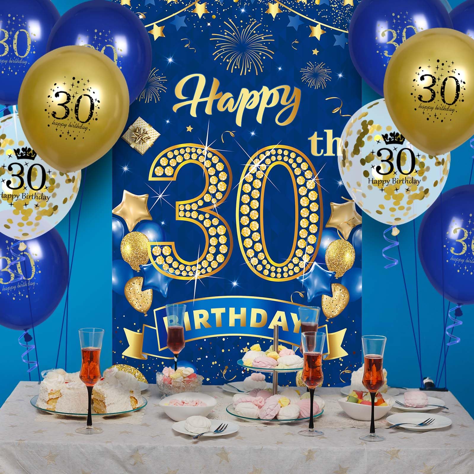 30Th Birthday Party Decorations For Men Navy Blue Gold Happy 30Th Birthday Banner With 18Pcs 30Th Balloons 30Th Door Cover Backd