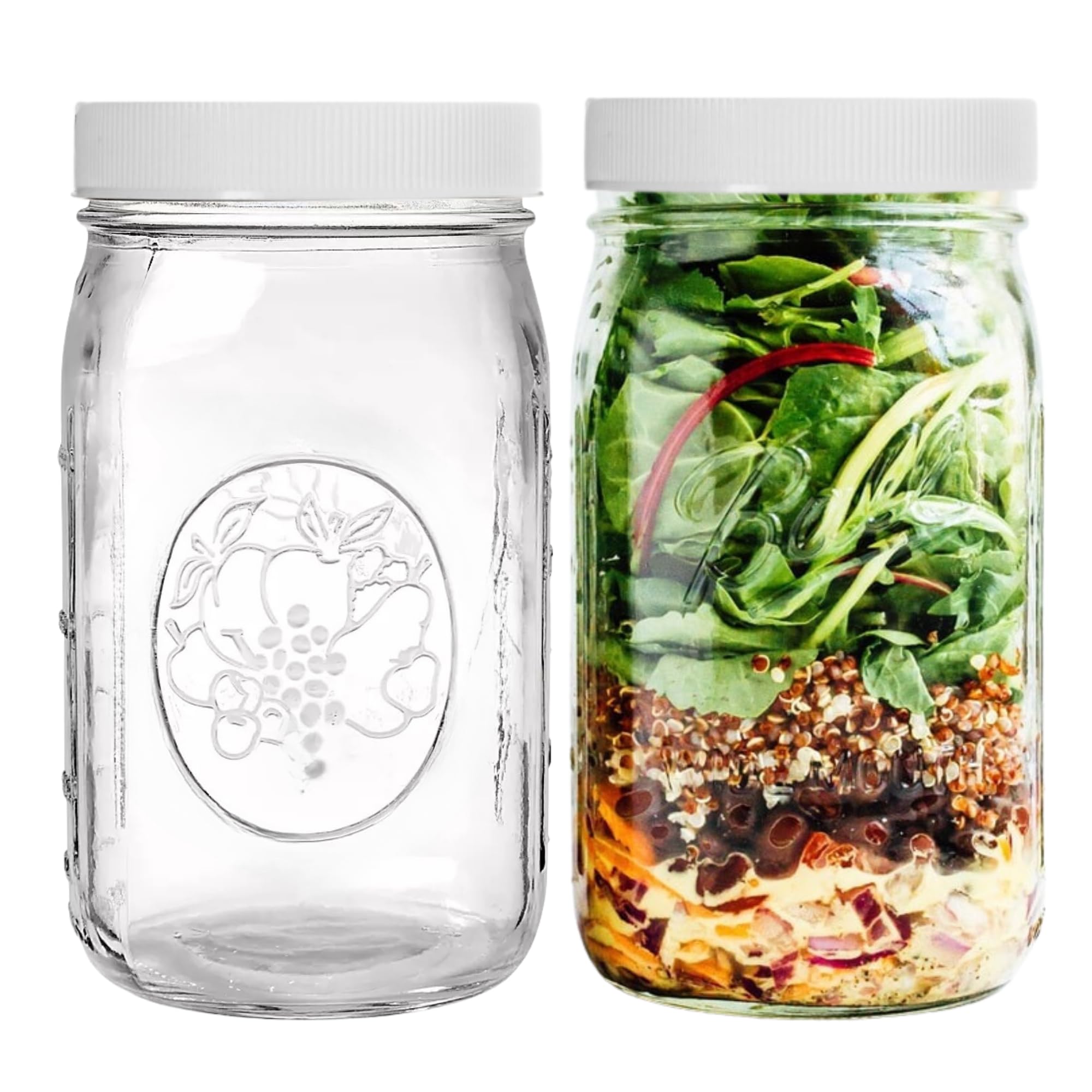 Wide Mouth Mason Jars 32 oz - 2 Pack Quart Size Jars with Airtight Lids and Bands & White Plastic Lid, Ideal for Meal Prep, Cann