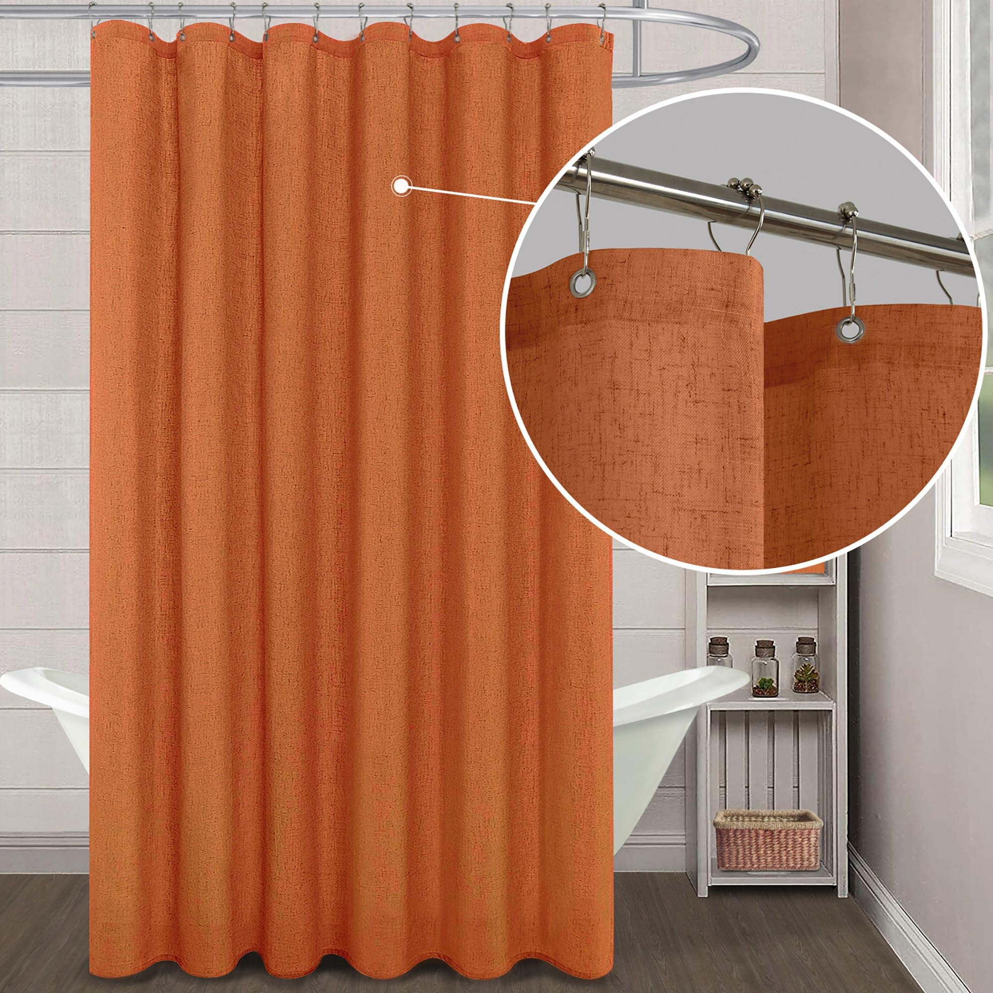 Koufall Orange Shower Curtain For Bathroom,Burnt Pumpkin Color Linen Fall Shower Curtains Set With Hooks,72X84 Inch