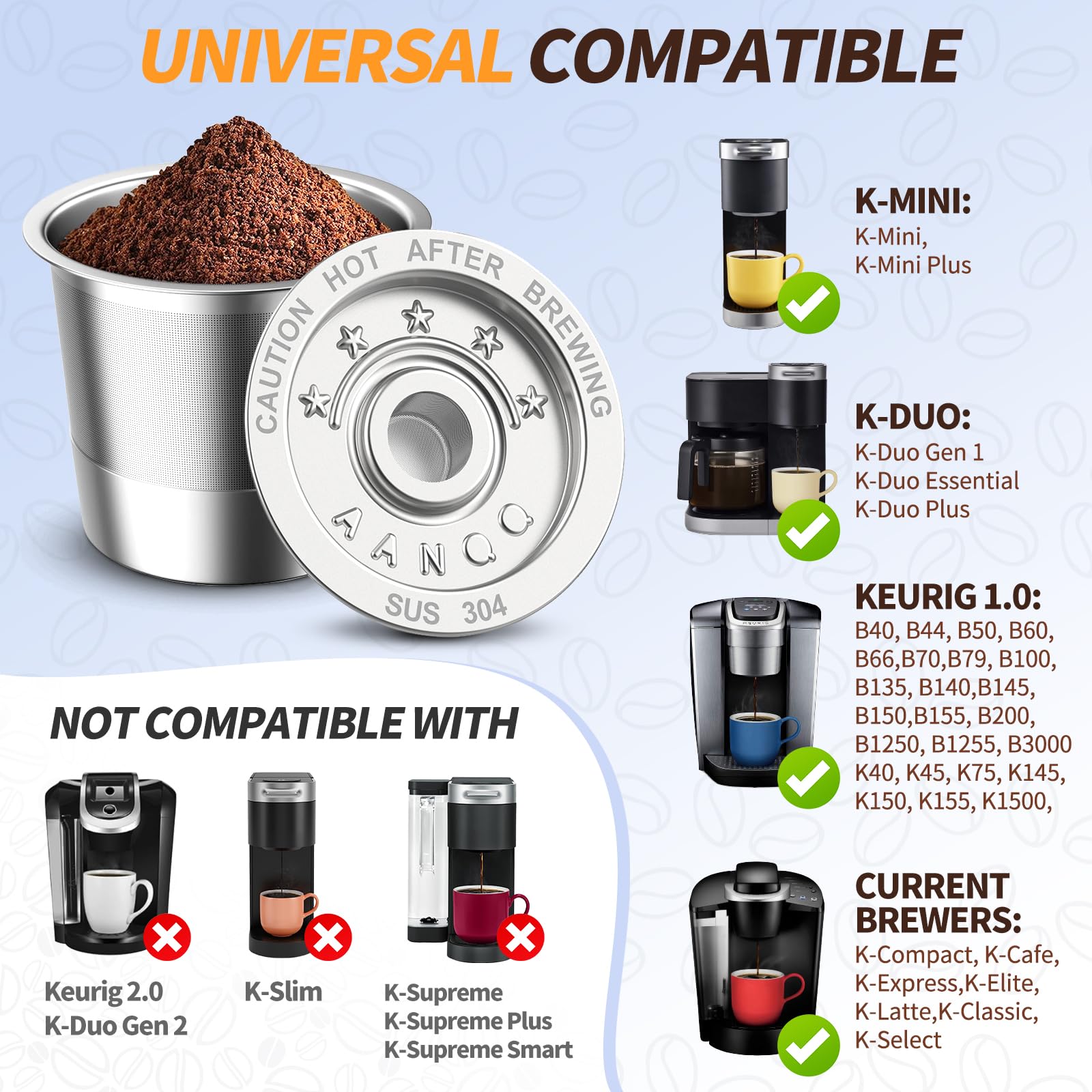 AANQQ Reusable K Cup Coffee Pods for Keurig 1.0, Stainless Steel, Eco-Friendly, Silver, Permanent Filter