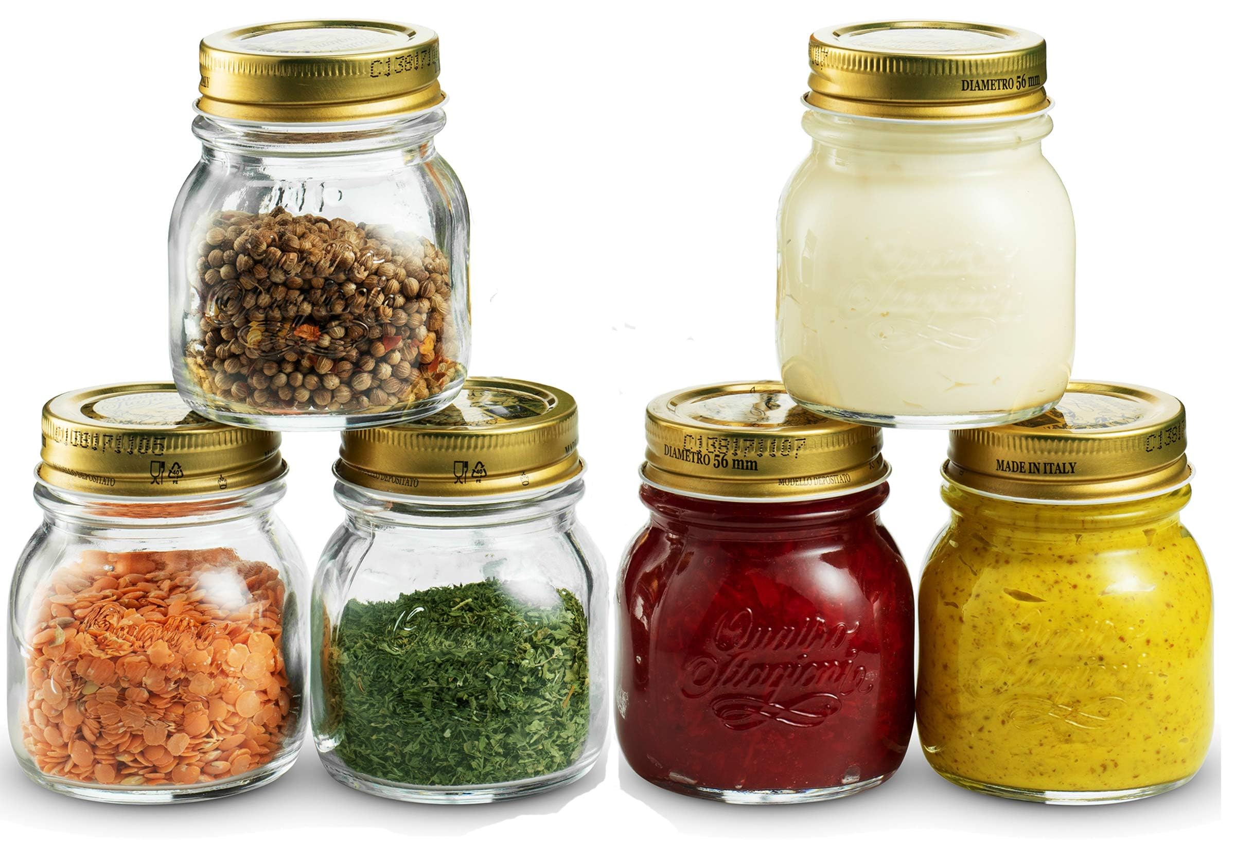 Bormioli Rocco Quattro Stagioni Small Glass Mason Jars 5 Ounce Mini Jars (6-Pack) with Metal Airtight Lid, For Jam, Jelly, baby 
