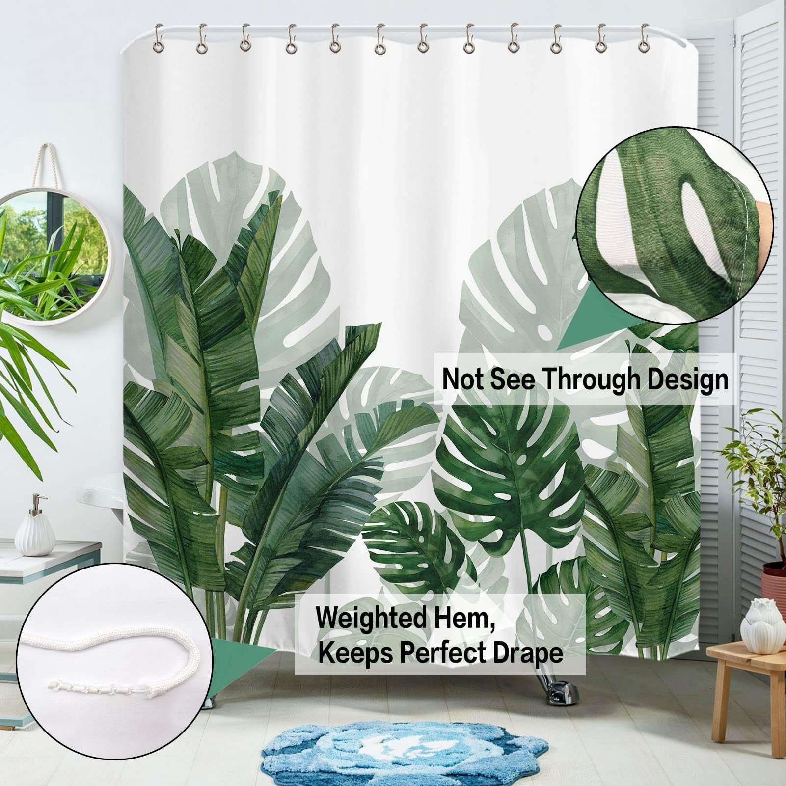 Baccessor Green Banana Monstera Leaf Shower Curtain With Metal Hooks Waterproof Washable Fabric Bathroom Decor Botanical Banana
