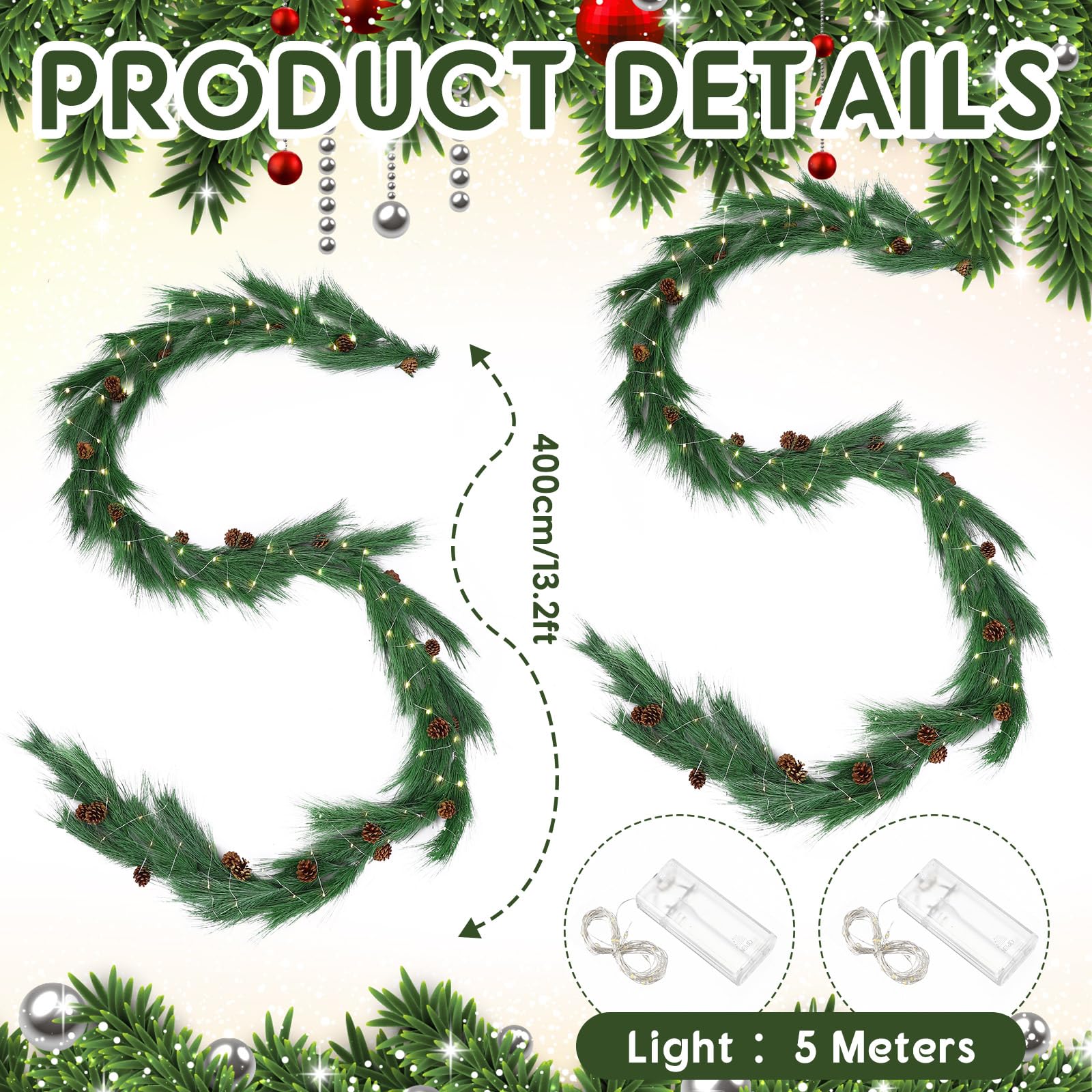 Jutom 2 Set 13.2ft Christmas Deluxe Norfolk Pine Garlands Artificial Long Needle Pine Cone Garland Realistic Xmas Cedar Garland