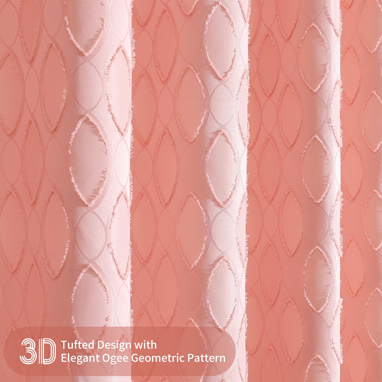 Qiyi Pink Fabric Shower Curtain, Boho Bathroom Curtain With Tassel, Tufted Geometric Ogee Textured Cloth Bath Curtain, Farmhouse
