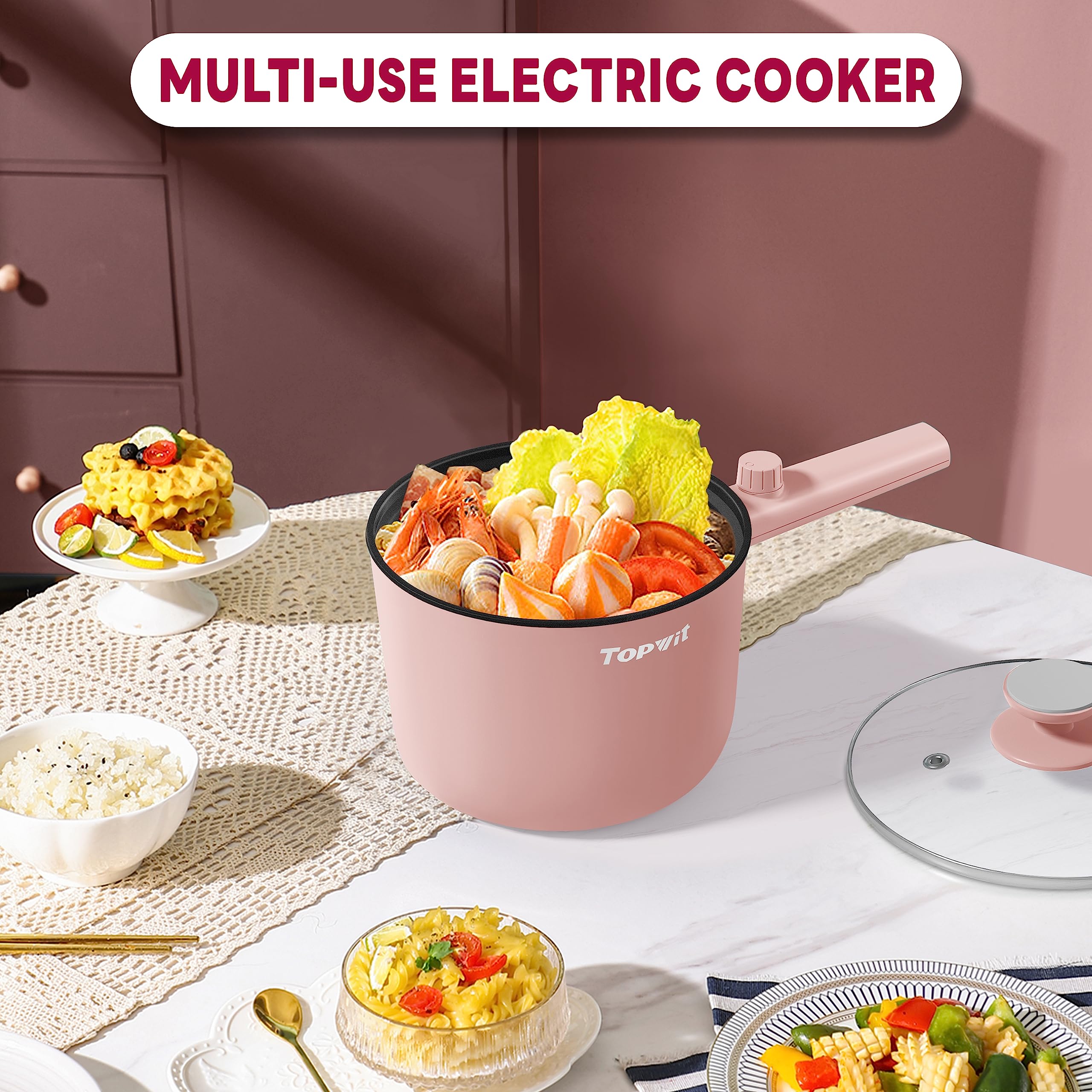 Topwit Hot Pot Electric, 1.5L Ramen Cooker, Portable Non-Stick Frying Pan, Electric Pot For Pasta, Steak, Bpa Free, Electric Coo