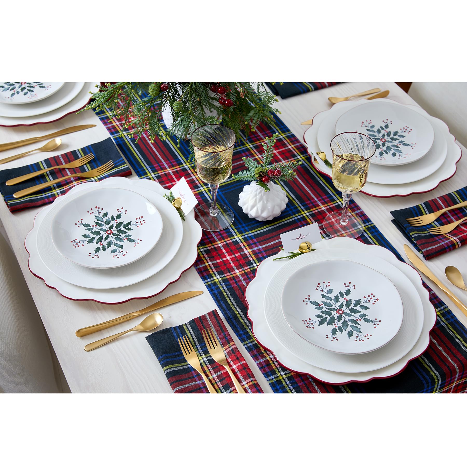 Solino Home Plaid Linen Placemats Set Of 4-100% Pure Linen Black Stewart Plaid Cloth Placemats 19'' L X 14'' W Inch - Handcrafte