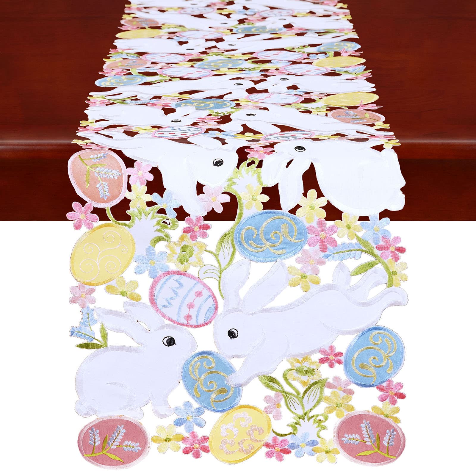 Simhomsen Embroidered Bunny And Colorful Eggs Table Runners For Easter Holiday Or Spring Season (14 X 68 Inches)