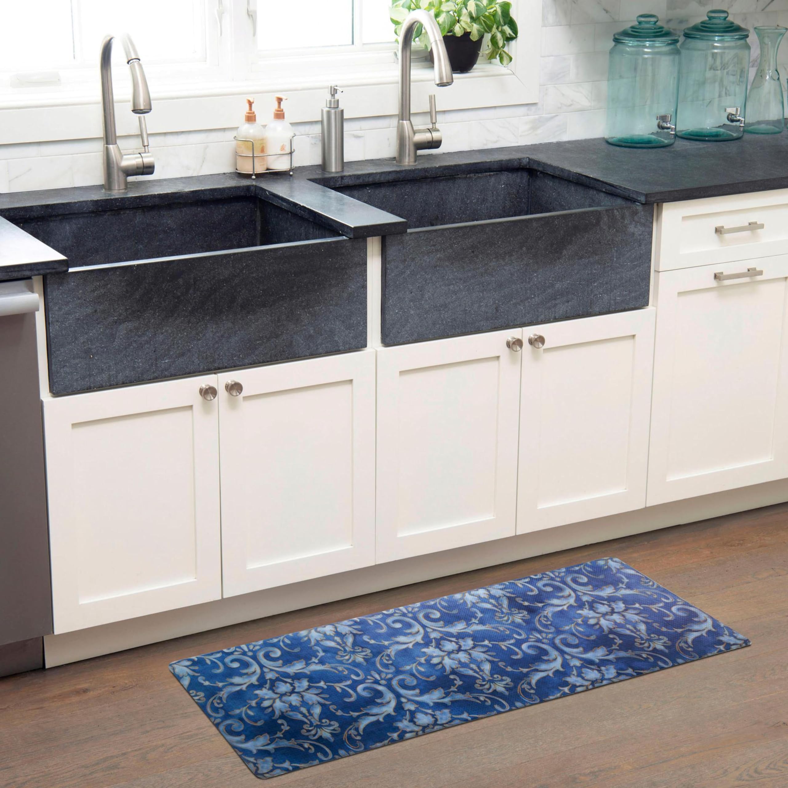 SoHome Cozy Living Anti Fatigue Mat Kitchen Mat Non Slip Stain Resistant Easy Clean 1/2 Inch Thick Kitchen Floor Mats  Damask Blue 18'' x 55''