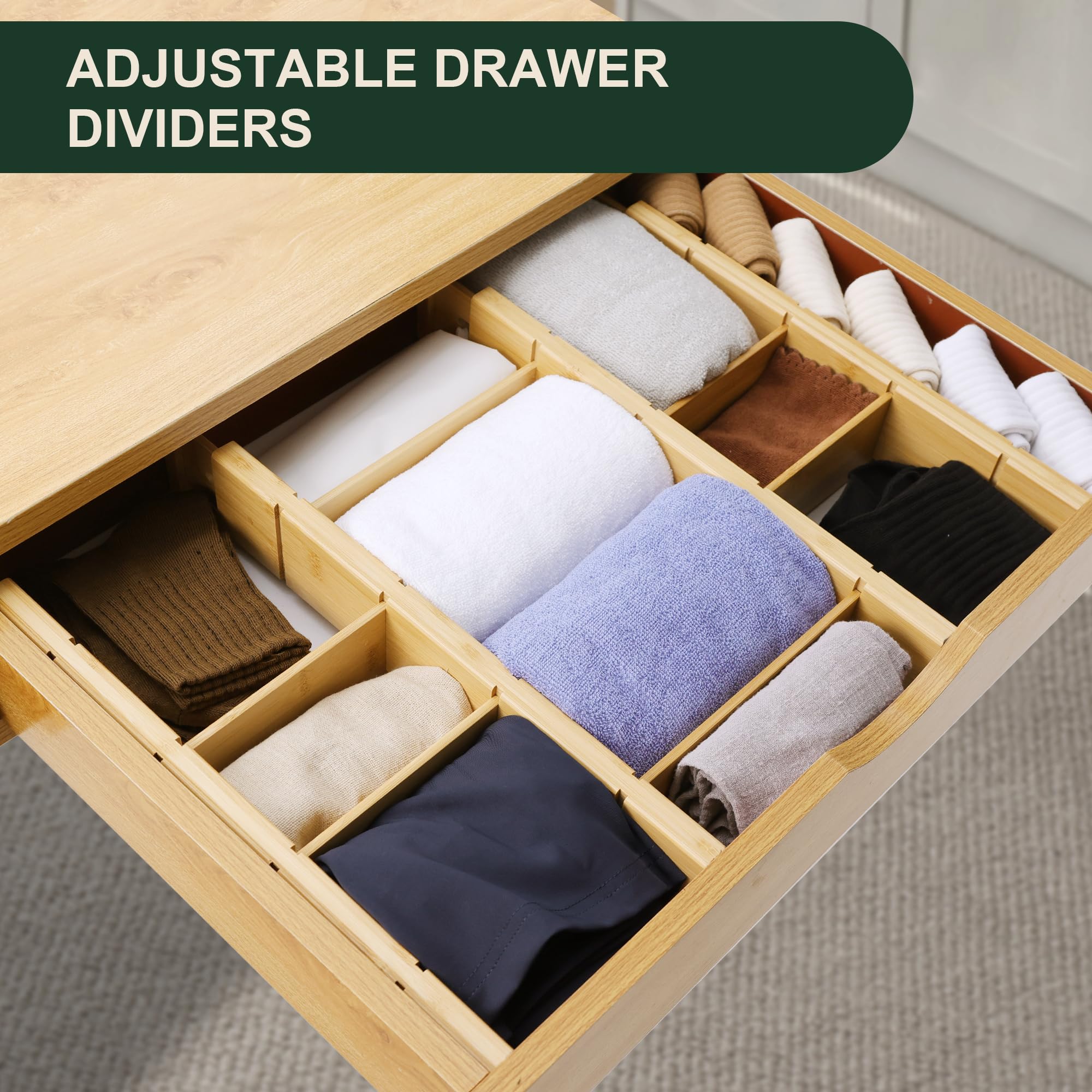 Utoplike Kitchen Drawer Divider with Inserts, Bamboo Drawers Organizer Adjustable, 4 pcs Large Expandable Wood Socks Drawer Orga
