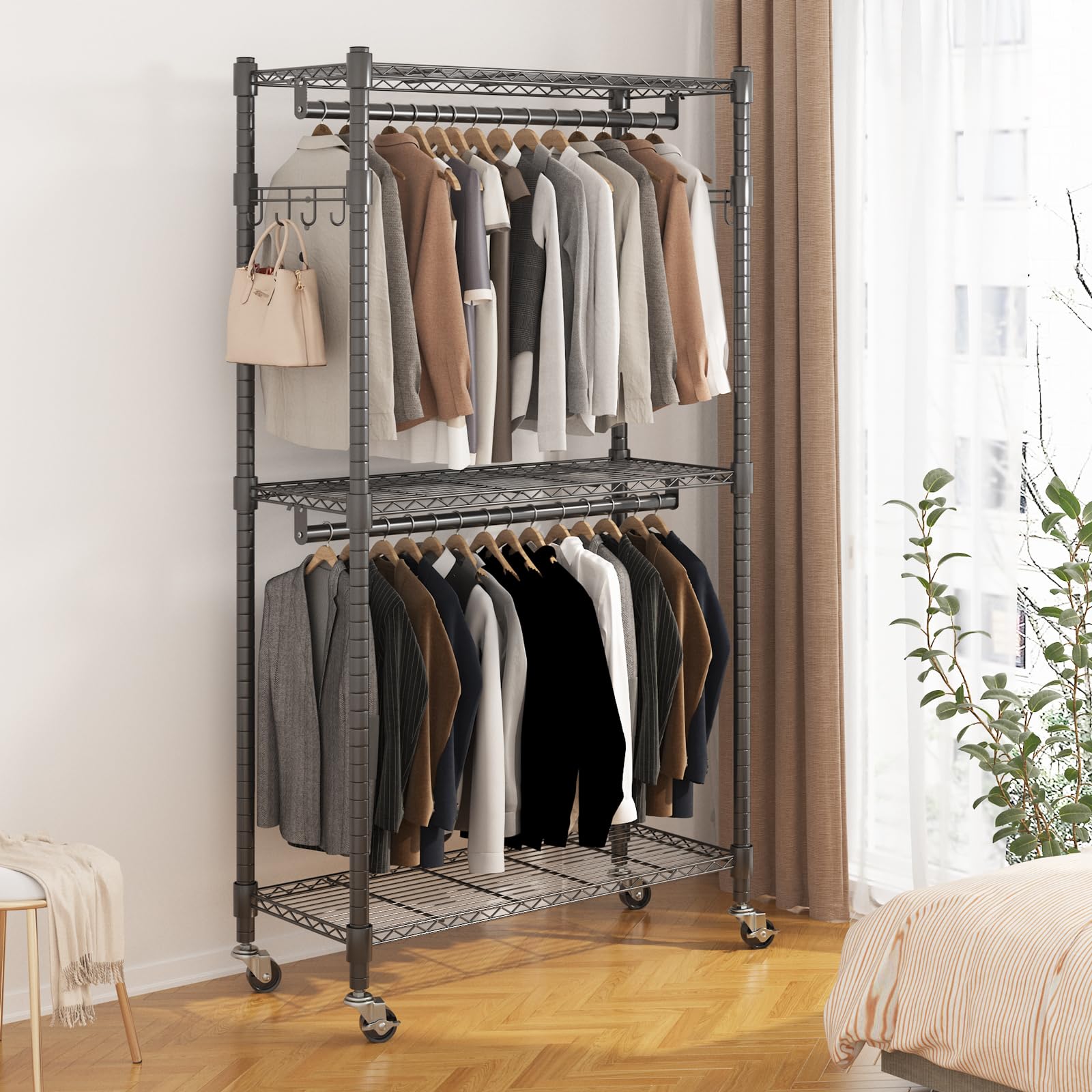 Bathwa Rolling Garment Rack Portable Closet Clothes Rack For Hanging Clothes, Metal Wardrobe Clothing Rack With Wheels And 8 Sid