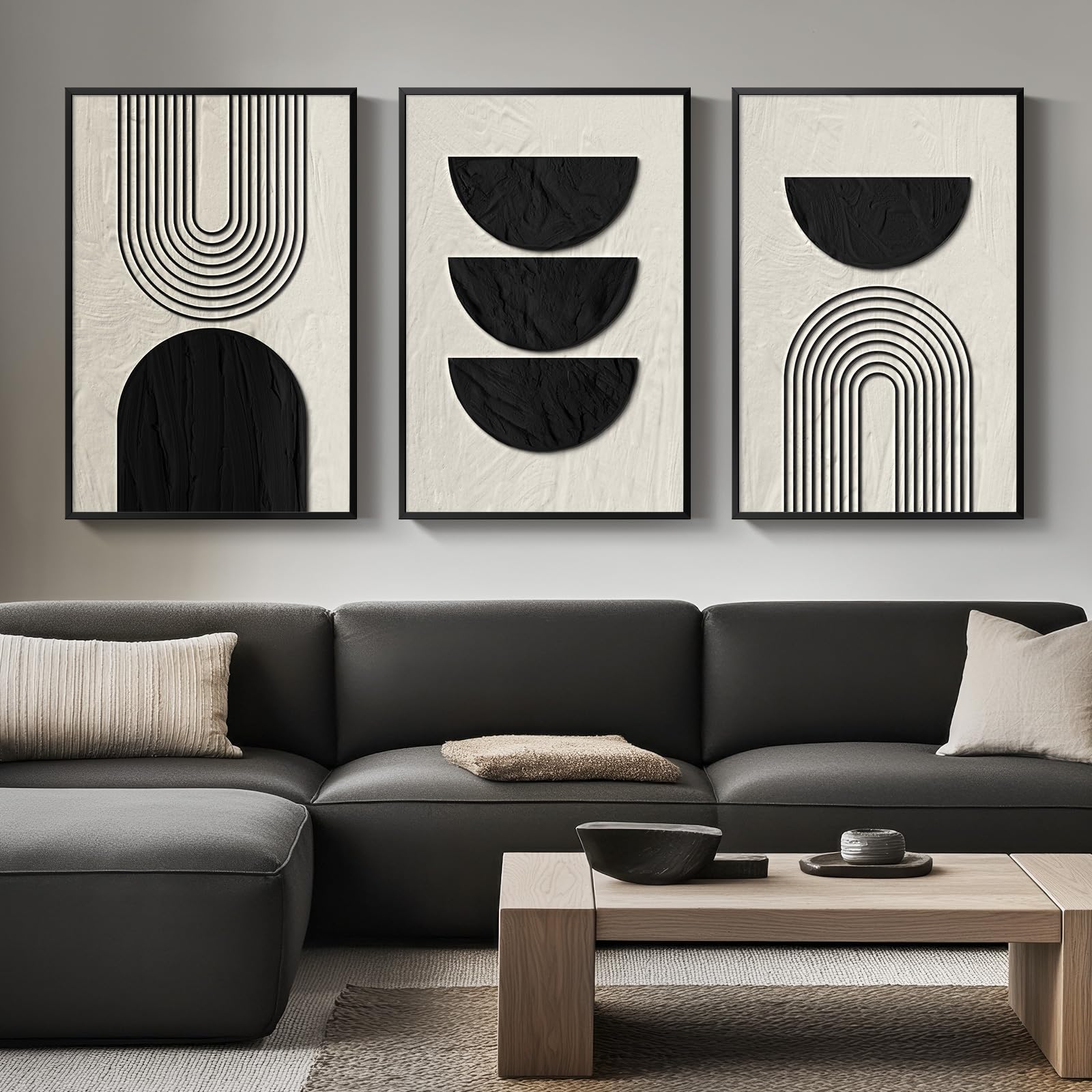 Framed Boho Wall Art For Living Room, Large 3 Piece Neutral Geometric Black And Beige Abstract Pictures Wall Art Decor, Farmhous