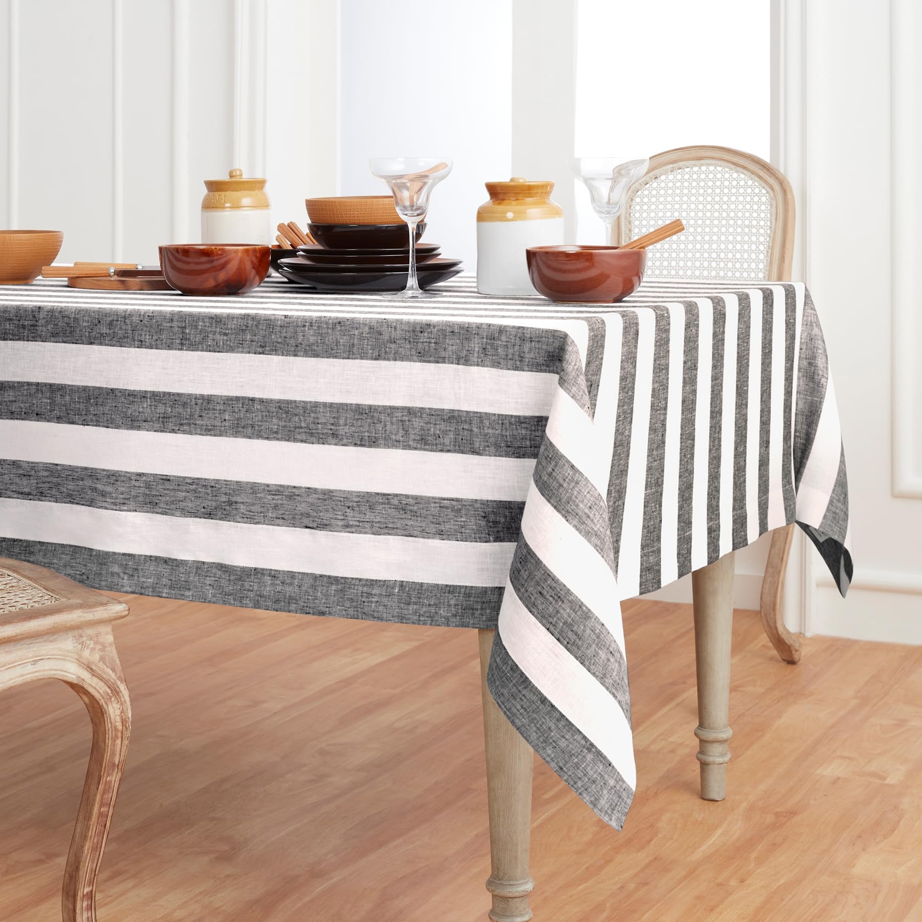 Solino Home Cabana Stripe Linen Tablecloth 108'' L X 60'' W Inch - 100% Pure Linen Black And White Tablecloth For Spring, Easter