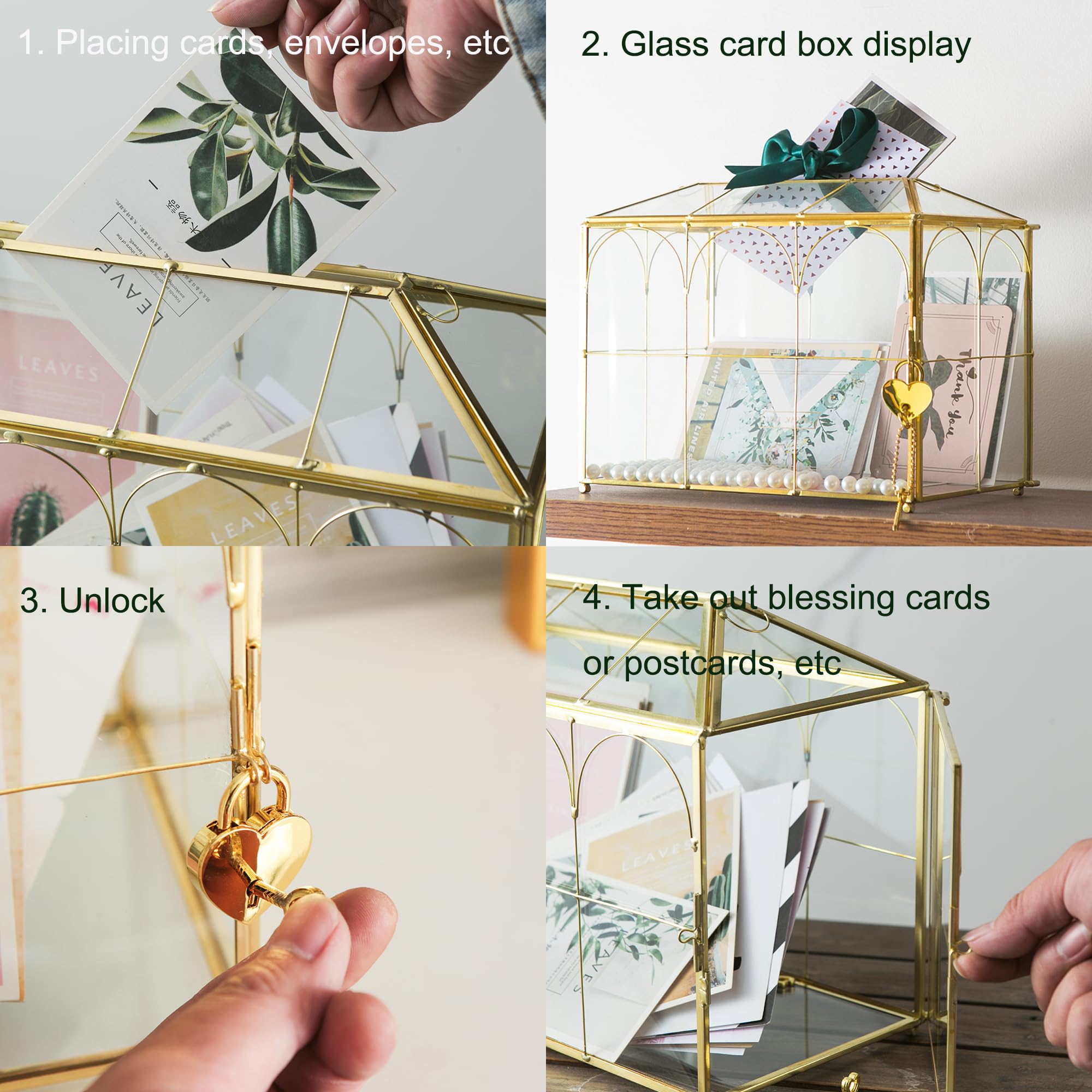 Sanllusit Glass Wedding Card Box with Slot, 10.2'' Large Clear Card Box Gold Brass Gift Card Storage Box with Lock Perfect for W