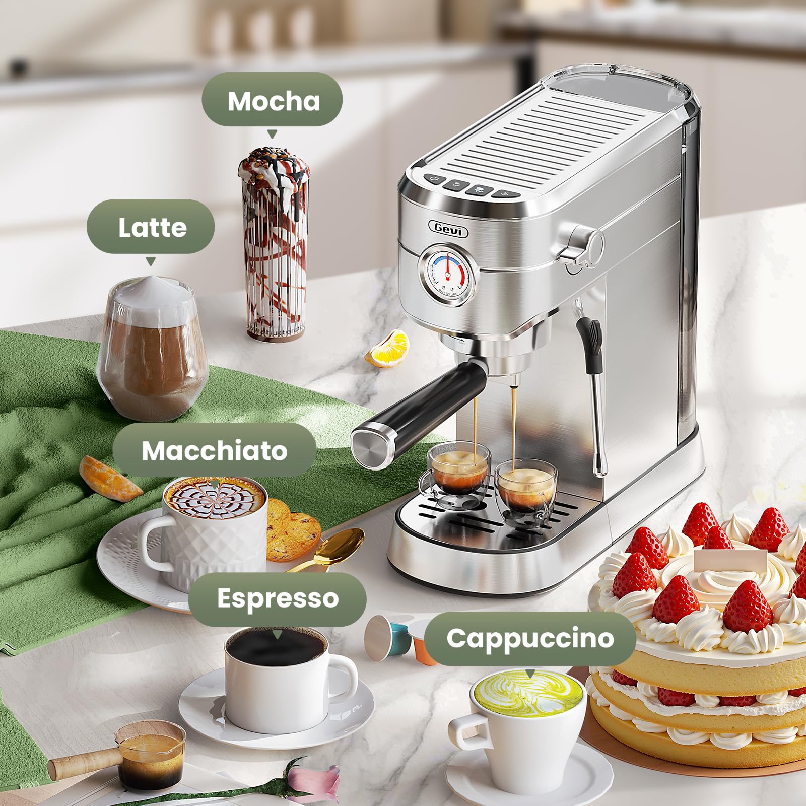 Gevi 20 Bar Espresso Maker with Milk Frother, Stainless Steel, 12.3"D x 5.5"W x 12"H, Compact Cappuccino Machine, Sterling Silver