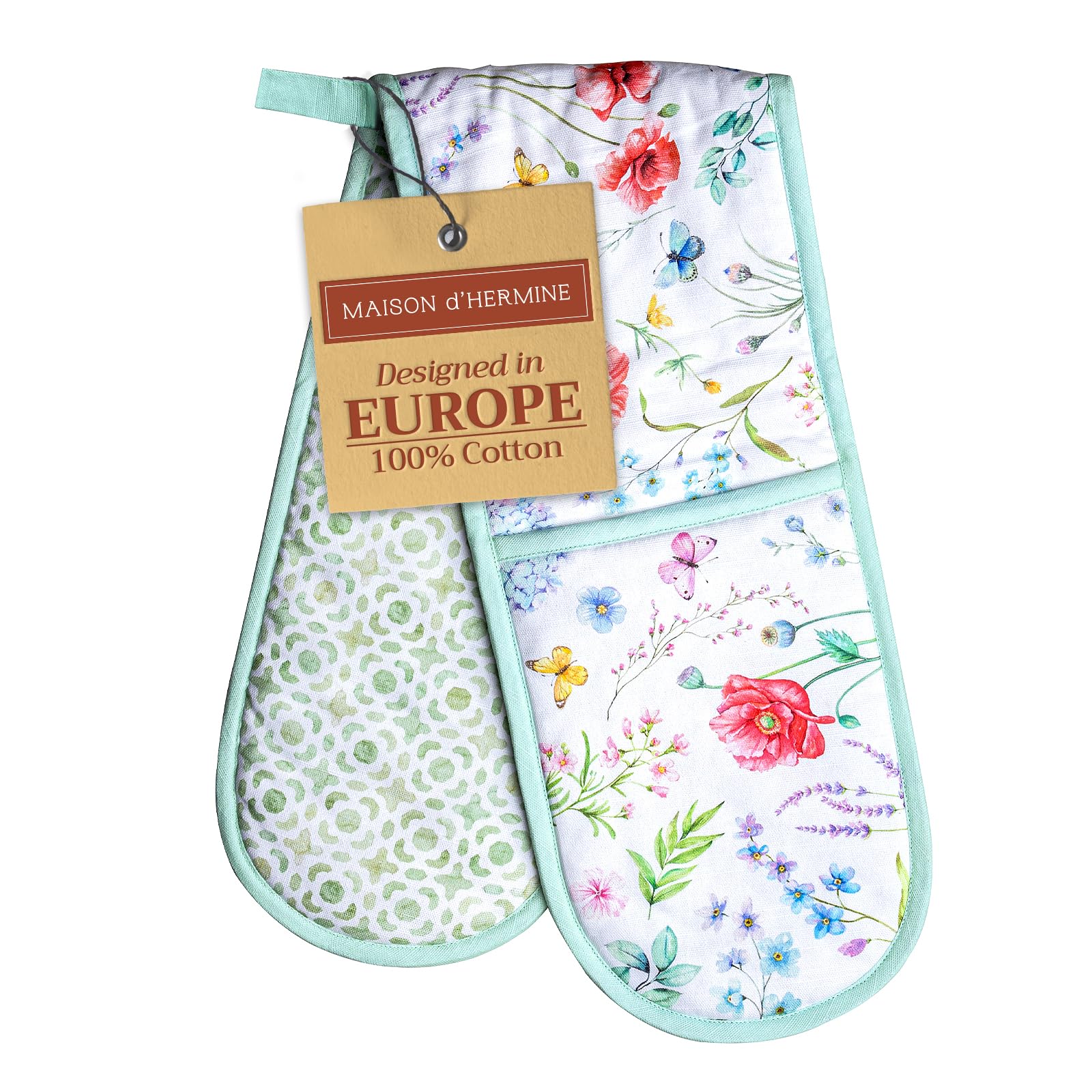 Maison d Hermine Just Florals 100% Cotton Easter Double Oven Glove with Loop Heat Resistant for BBQ  Cooking  Baking  Grilling  Microwave  Barbecue  Spring/Summer (7.5 Inch by 35 Inch)