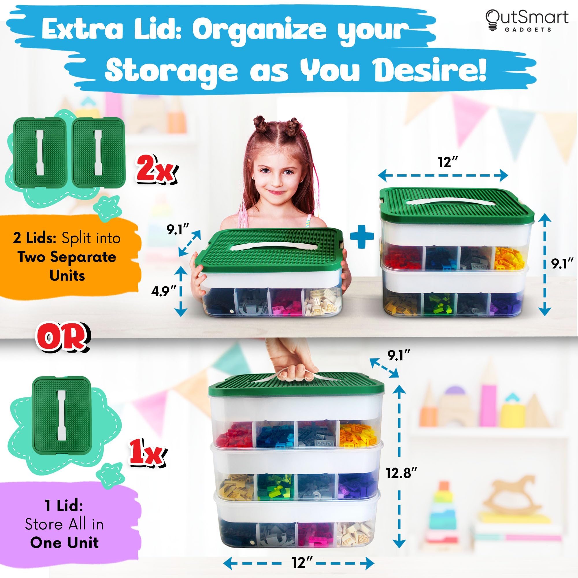 Outsmart Gadgets Plastic Stackable Toy Storage Organizer Bin For Lego, Building Bricks, Dolls And Crafts Organization, 3 Layers