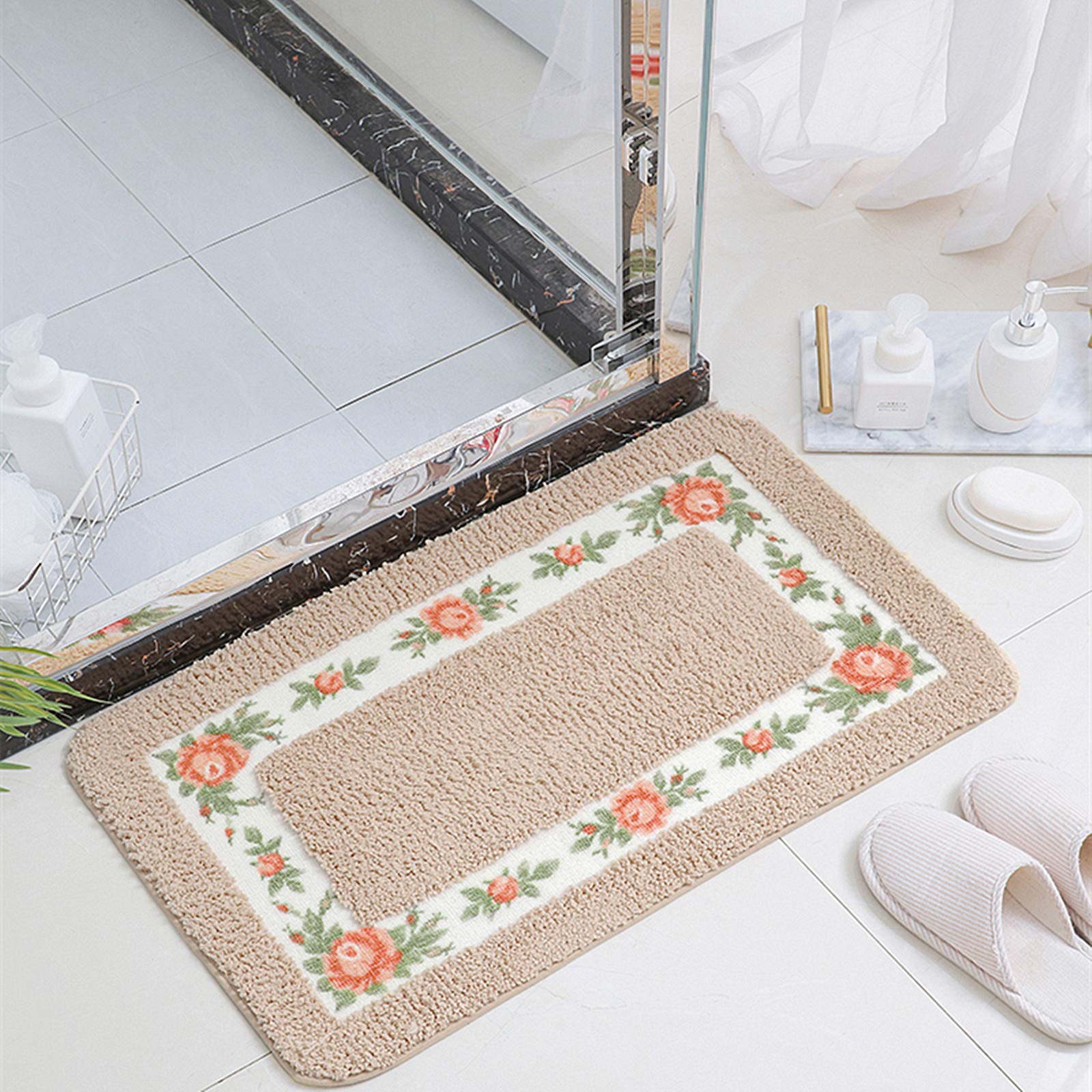 UKELER Bathroom Rugs Floral Rose Bath Mat Set of 2 Non Slip Bath Rugs Soft Shaggy U-Shaped Contour Toilet Rug for Bathroom  Mocha