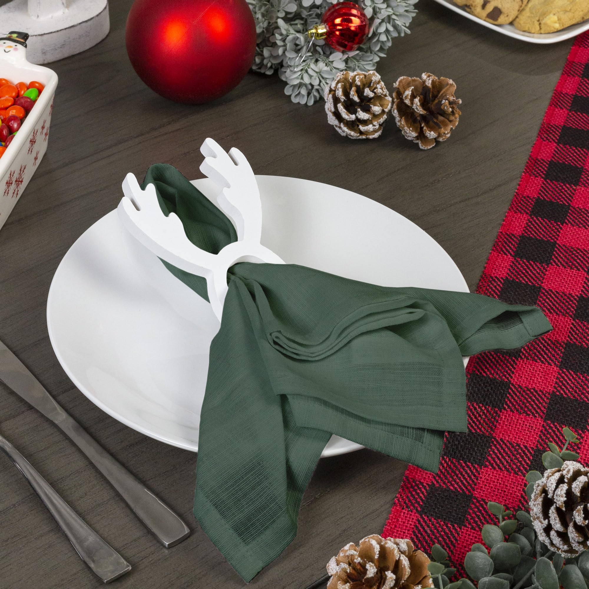 Auldhome Design Christmas Reindeer Napkin Rings (Set Of 4, White); Wooden Holiday Napkin Holder Rings