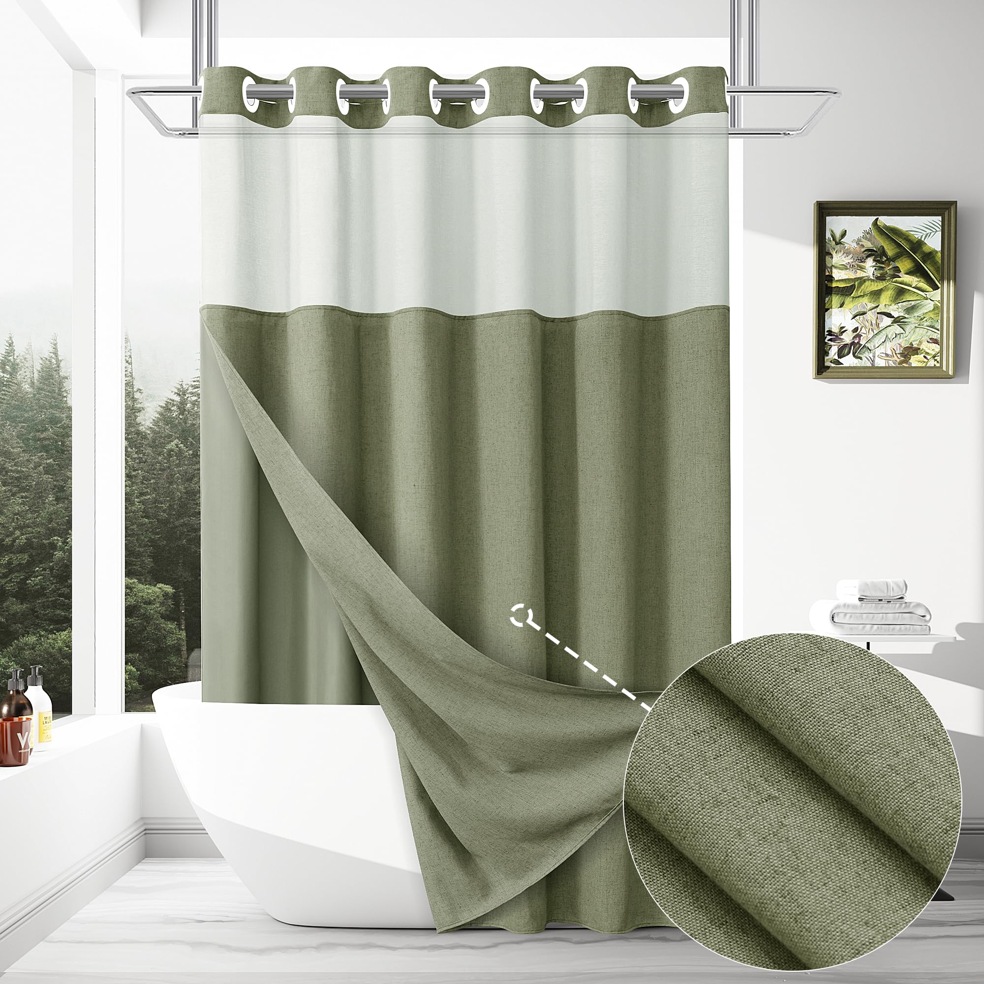 Jowels Long Linen Shower Curtains - Inside And Out Sage Green, Snap On Shower Curtain Liner, No Hooks Needed Bath Curtains, Mesh