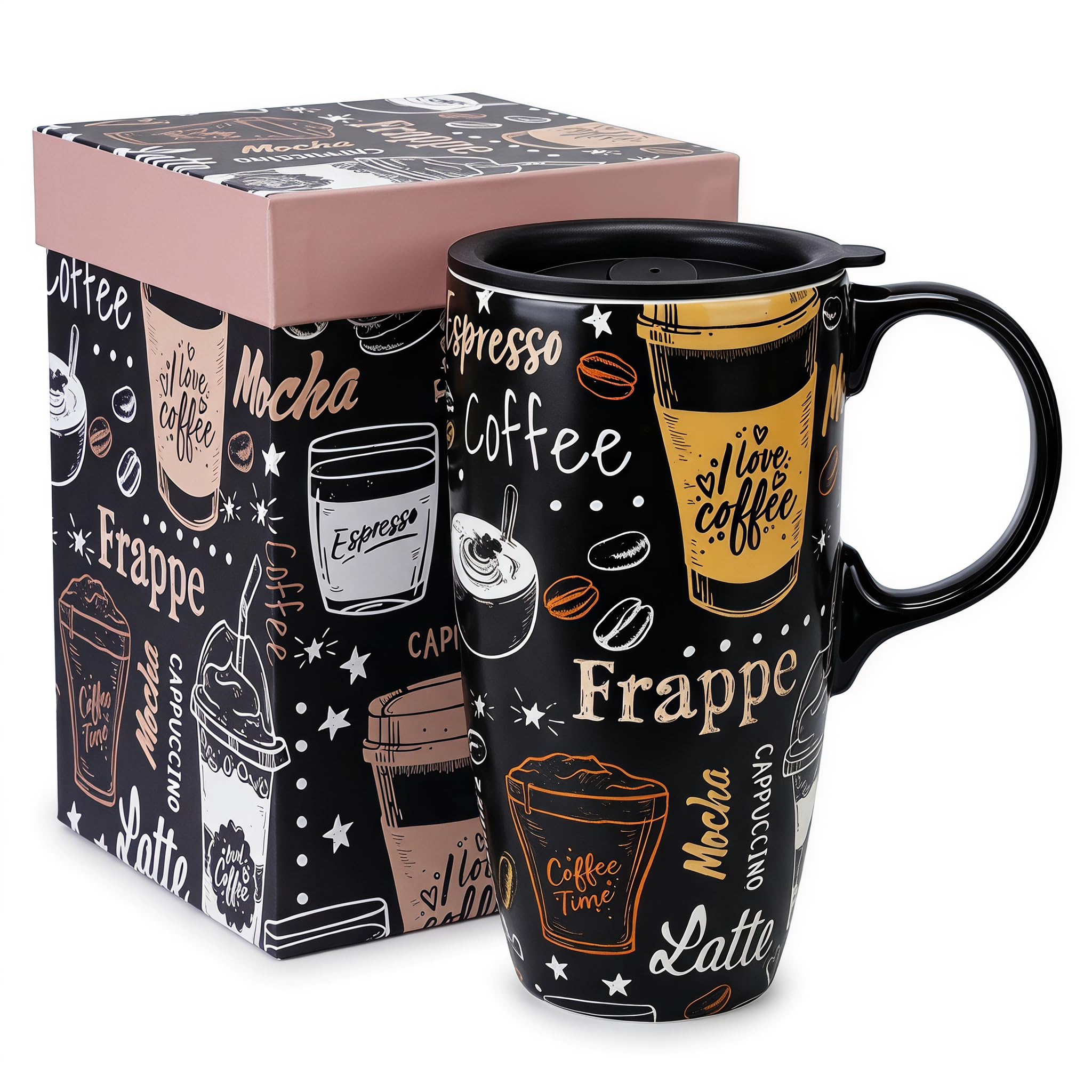 Topadorn 17oz Ceramic Travel Mug with Lid, Coffee Lover Coffee Mug