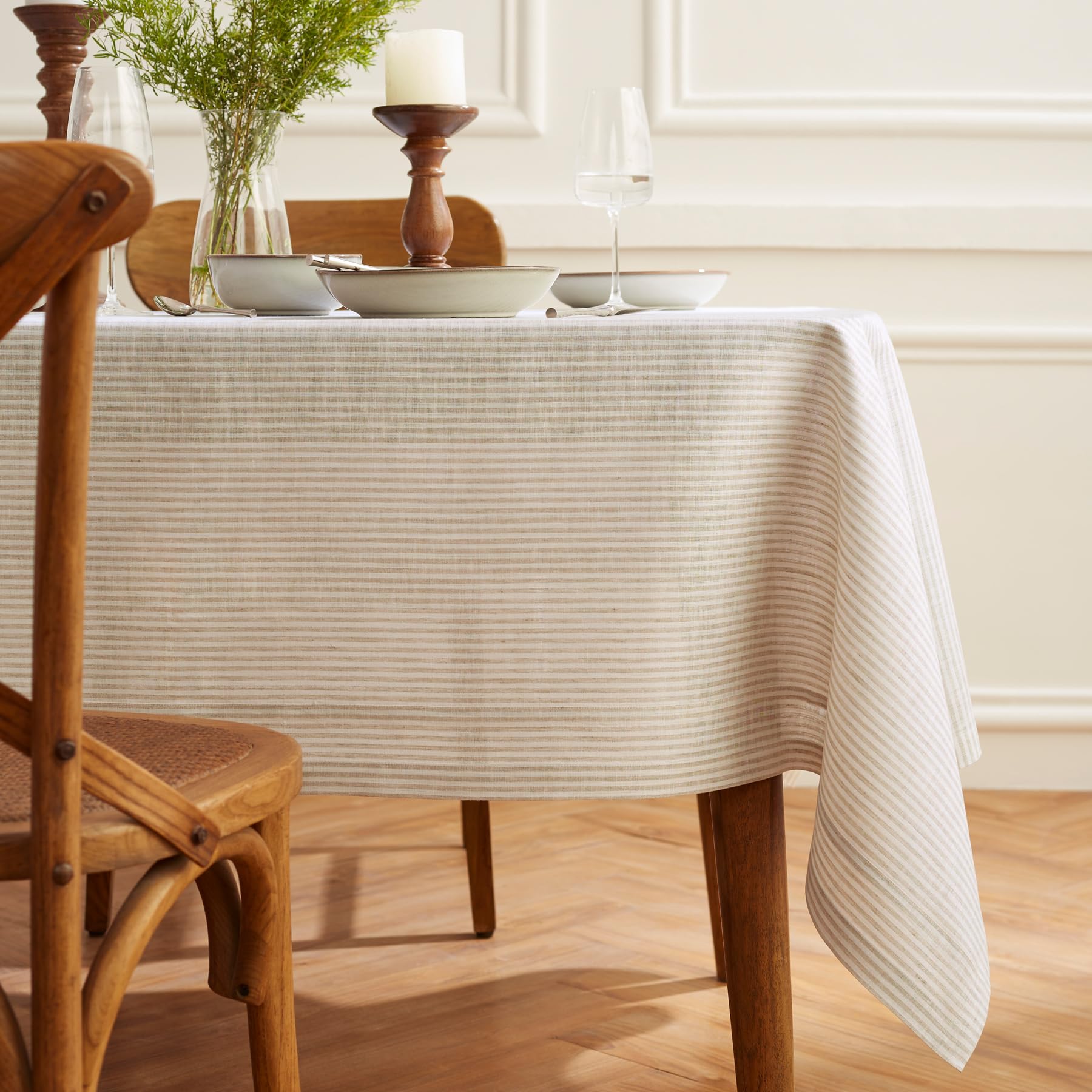 Solino Home Stripe Linen Tablecloth - 100% Pure Linen Natural And White Tablecloth 90'' L X 60'' W For Spring, Easter - Handcraf