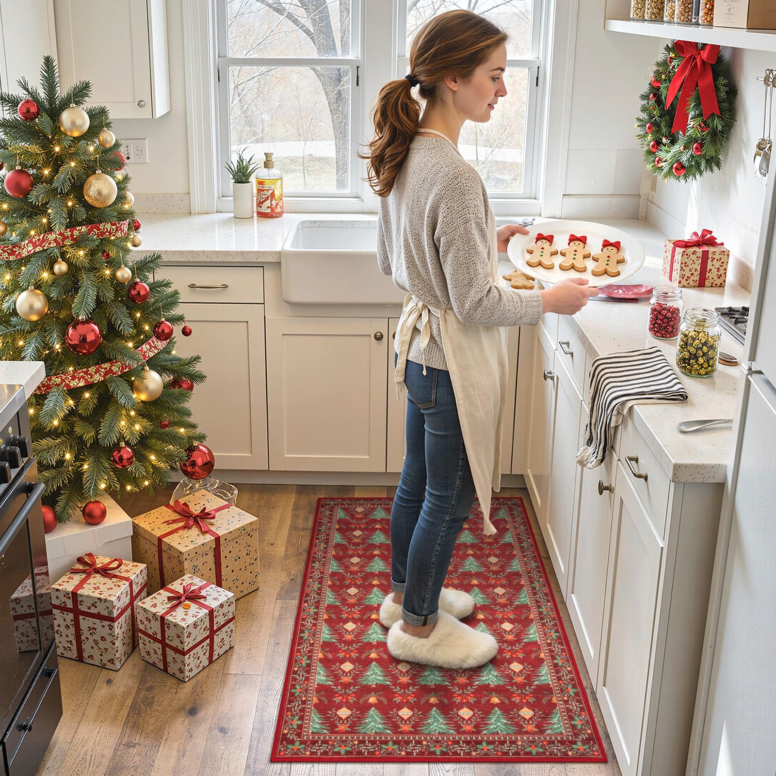 Yuemasi Christmas Entryway Rug 2x3, Red Washable Christmas Door Mat Indoor Kitchen Rug, Xmas Tree Pattern Print Throw Rugs, Cozy