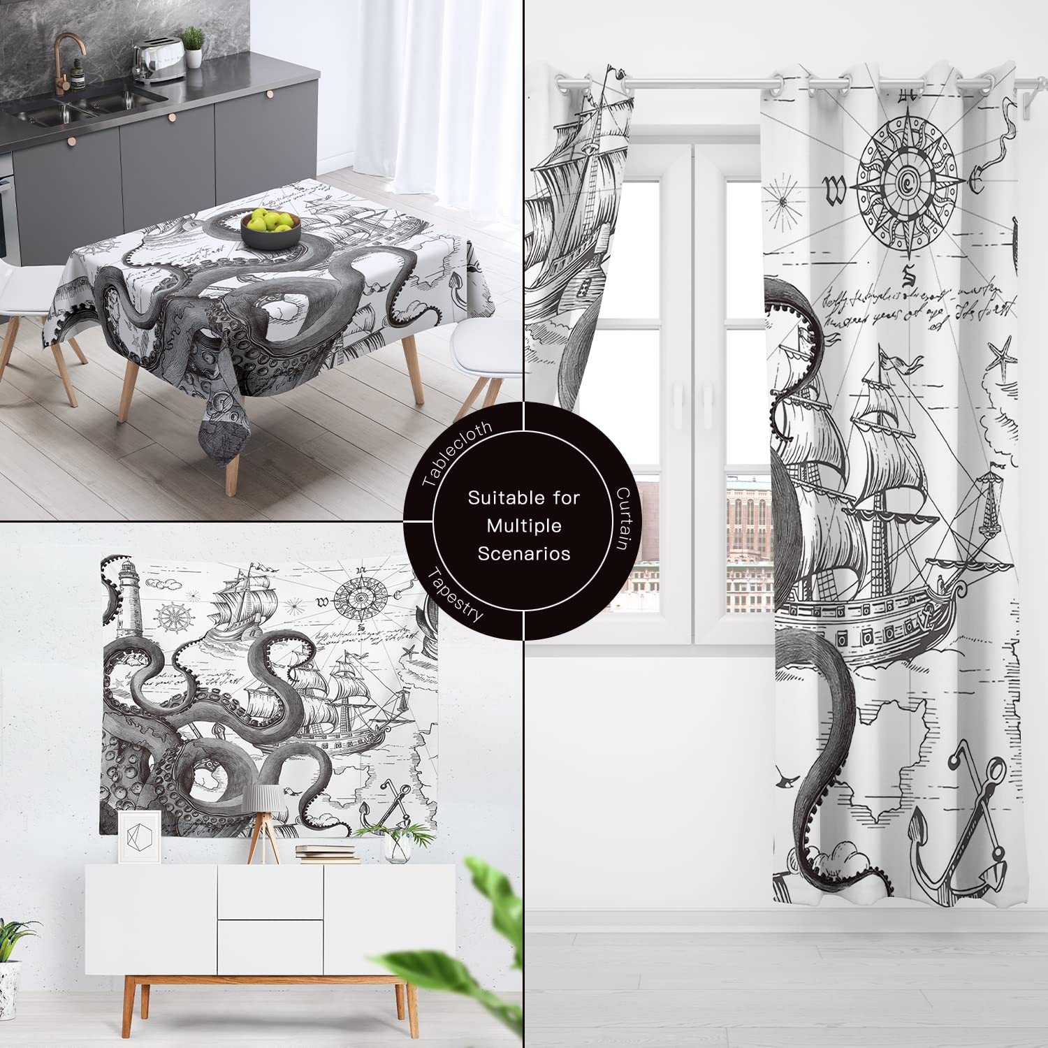 Desihom Gray Nautical Octopus Shower Curtain Set, Funny Ocean Kraken Shower Curtains For Bathroom, Beach Coastal Pirate Map Deco