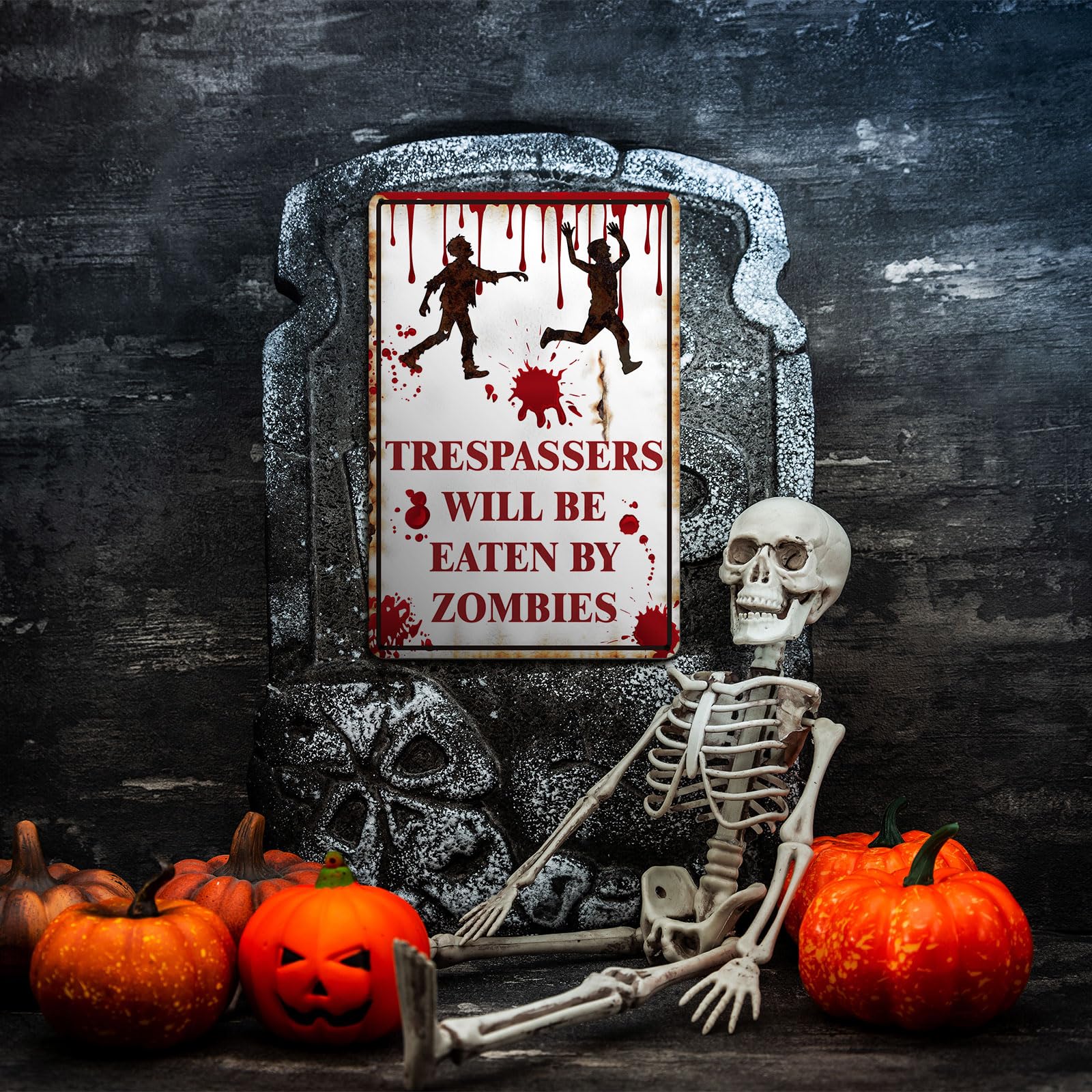 BrightRow 1 Pcs Halloween Decoration Halloween Sign Retro Chic Funny Metal No Trespassing Tin Signs for Indoor Outdoor Wall Gard