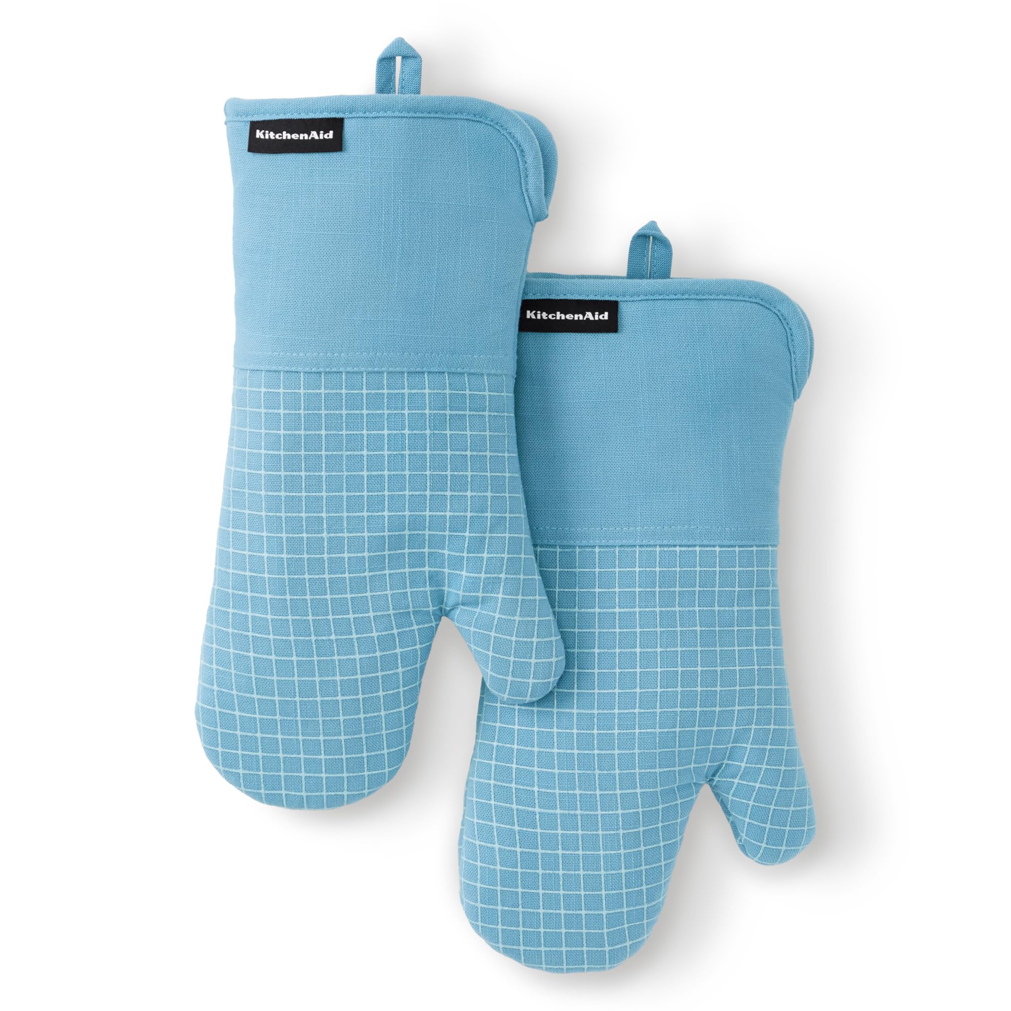 KITCHENAID Gourmet Series Gridlines Oven Mitts 2-Pack Set, Heat Resistant up to 600F, Soft Silicone Grip, Magnetic Cuff, Blue Ve
