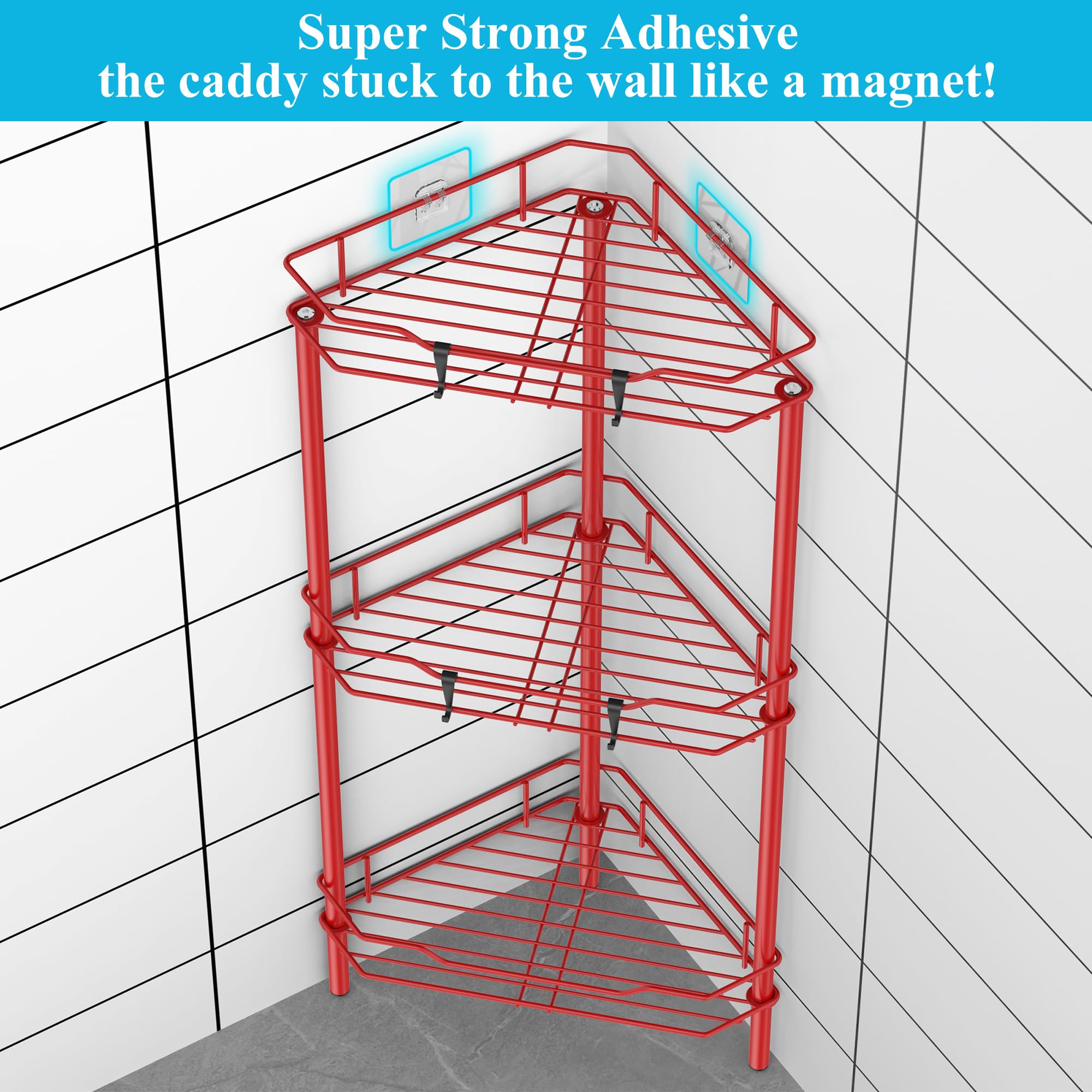 Huggiegems 3 Tier Floor Standing Corner Shower Caddy Organizer Shelf With Hooks, Bathroom Shelves Stand Rack, Red