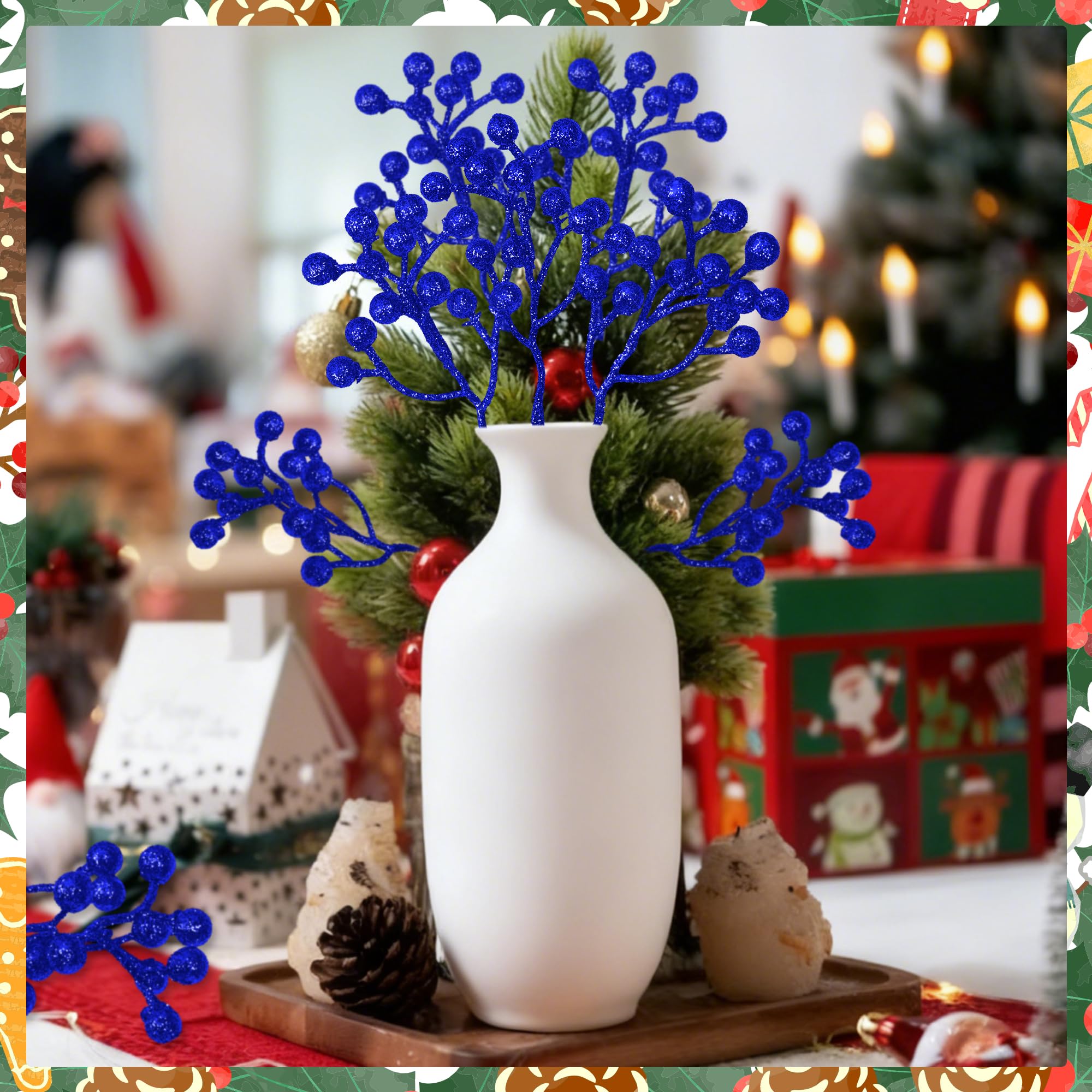 Vipay 24 PCS Christmas Tree Decor, 7.08 in Blue Berry Stems, Artificial Berry Picks Holly Berry Branches for Floral Decor Wreath
