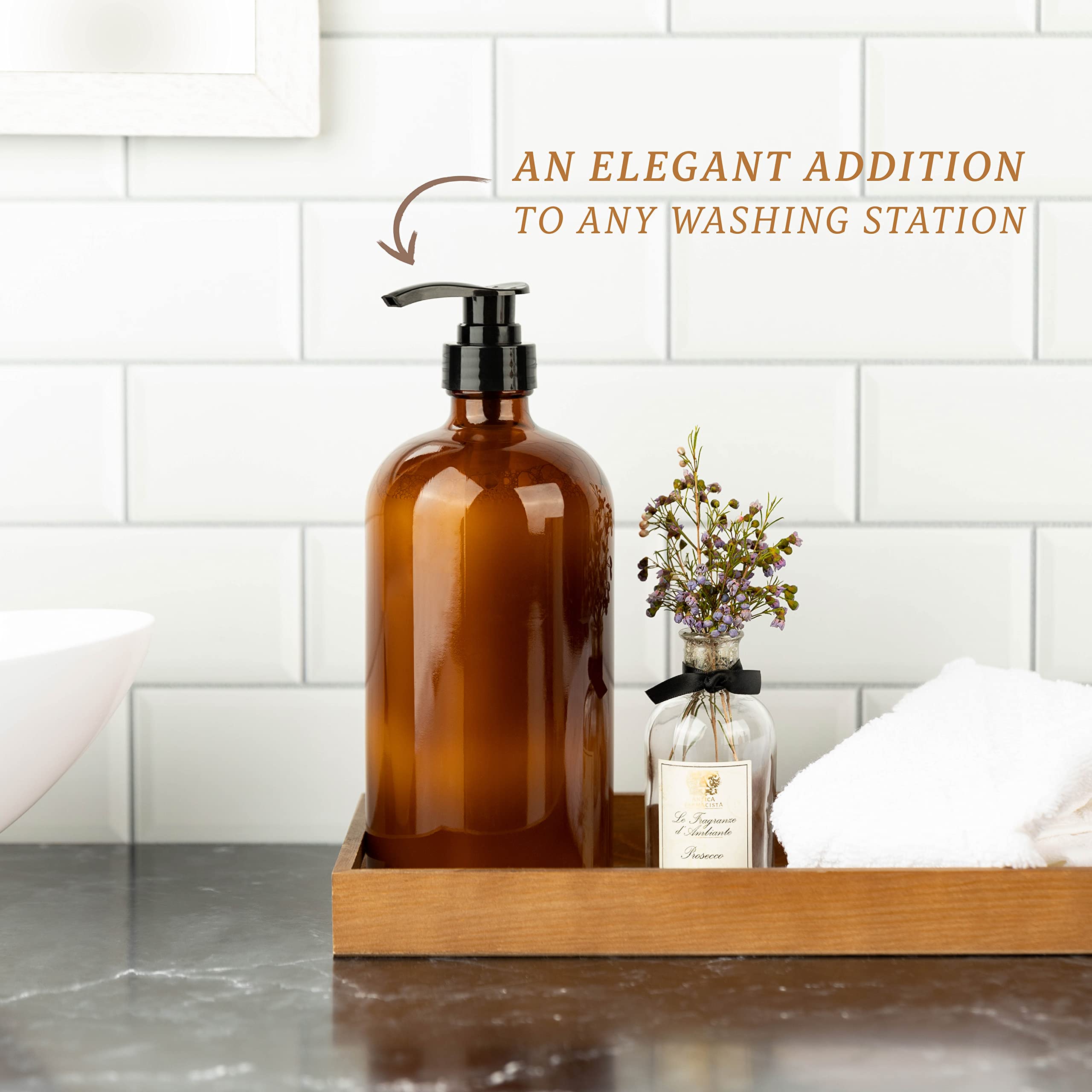 35 Ounce Glass Pump Dispenser Bottle, Large Amber Container With Pump For Shower And Bath Shampoo Soap Conditioner Lotion - 1 Li