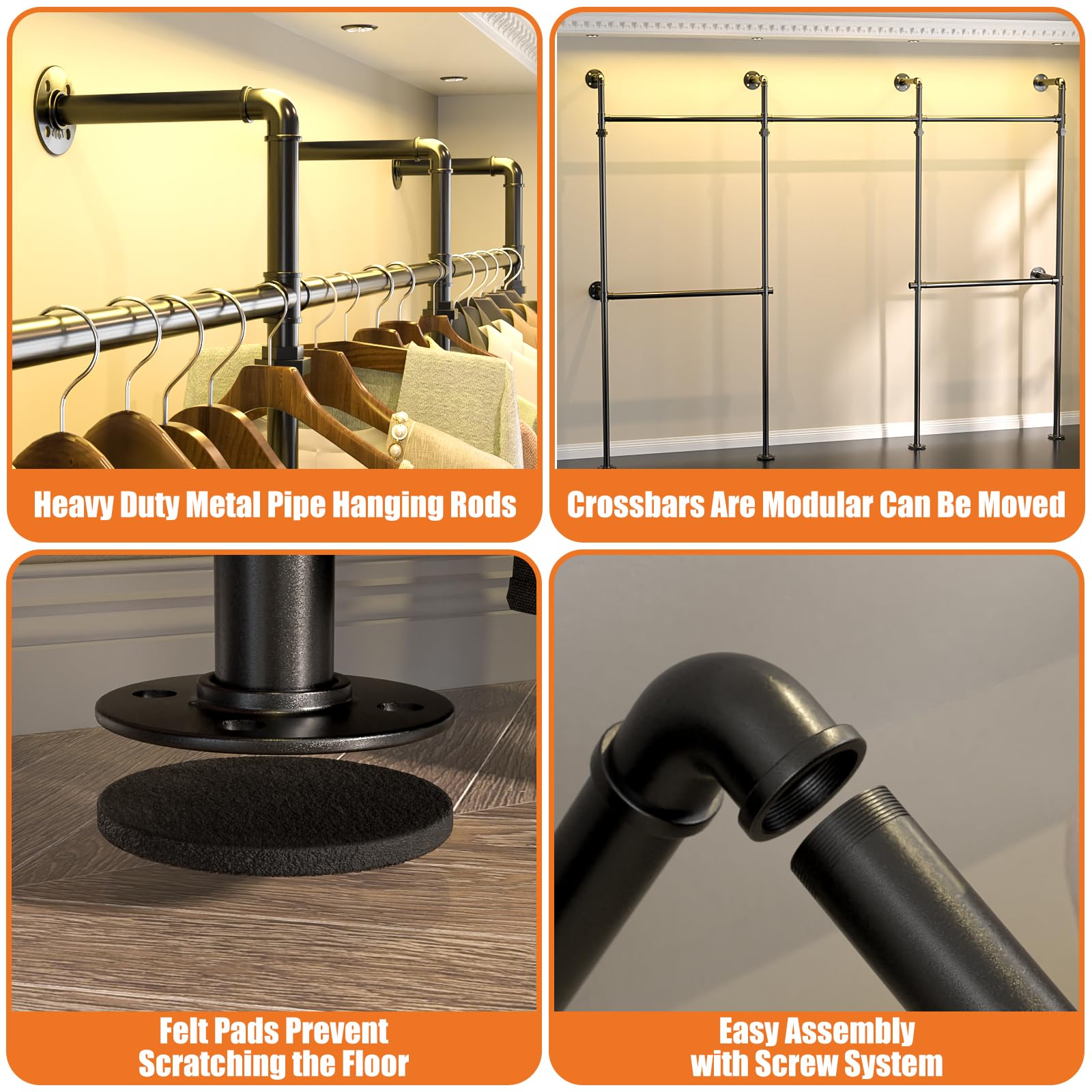 Aheaplus Industrial Pipe Clothing Rack, Reversible 9.85Ft Clothes Rack For Hanging Clothes, Heavy Duty Garment Rack, Wall Mounte