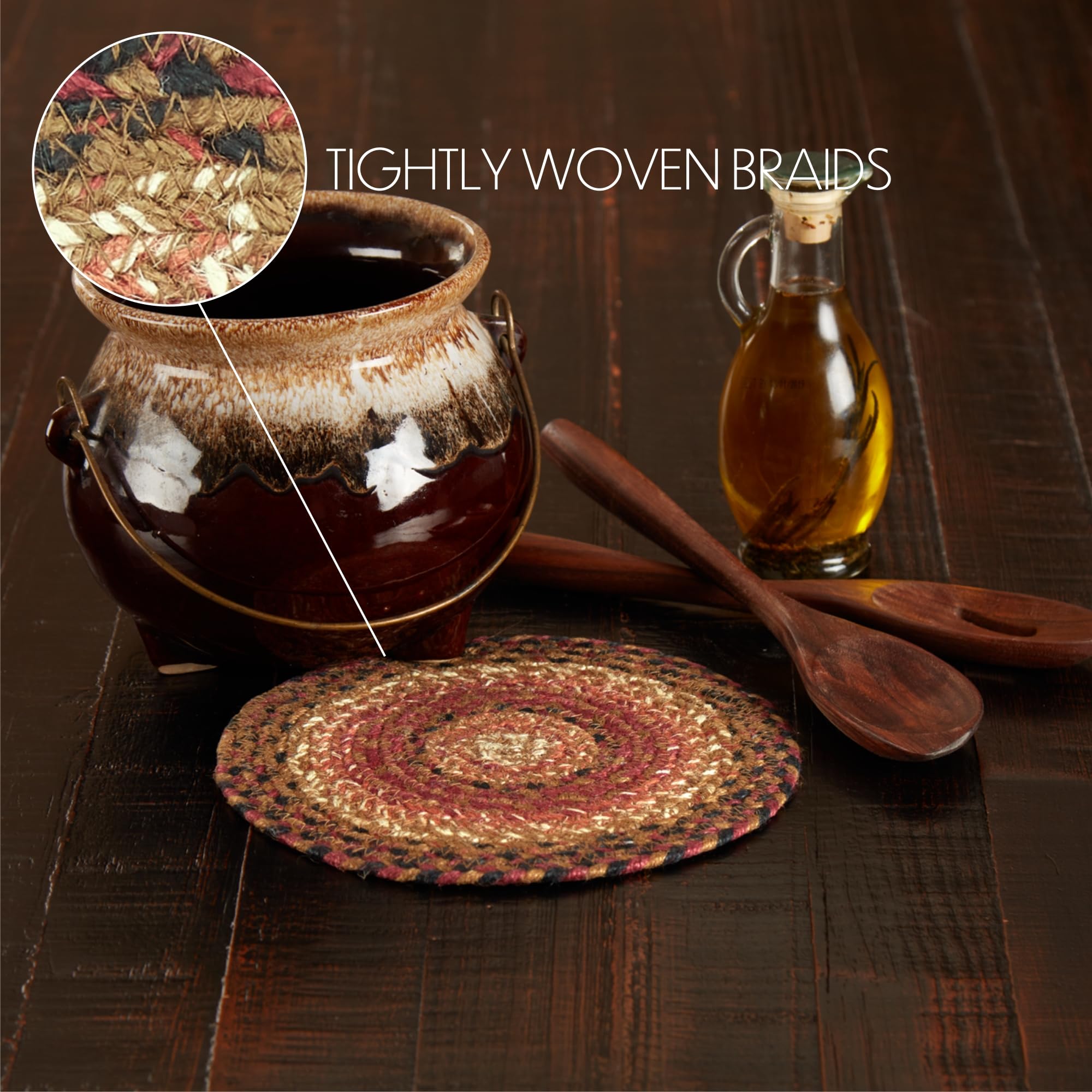 Vhc Brands Ginger Spice Trivet Hot Pad For Pots Pans, Orange Red Natural, Jute Blend, Round Circle, 8 Inches