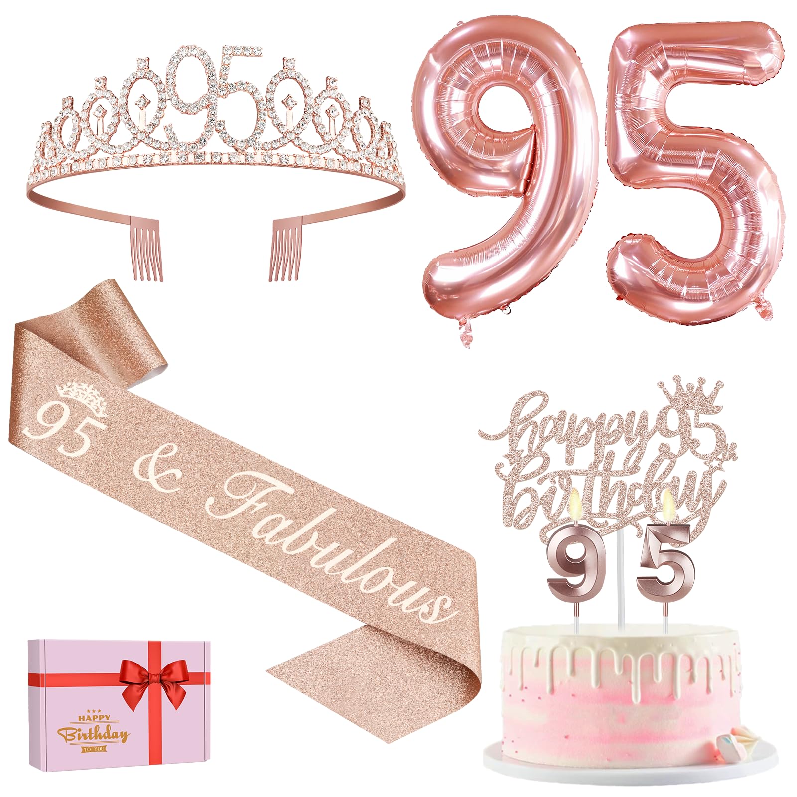 95Th Birthday Party Decorations For Women Including 95Th Birthday Sash, Birthday Crown, Numeral 95 Birthday Candles And Cake Top