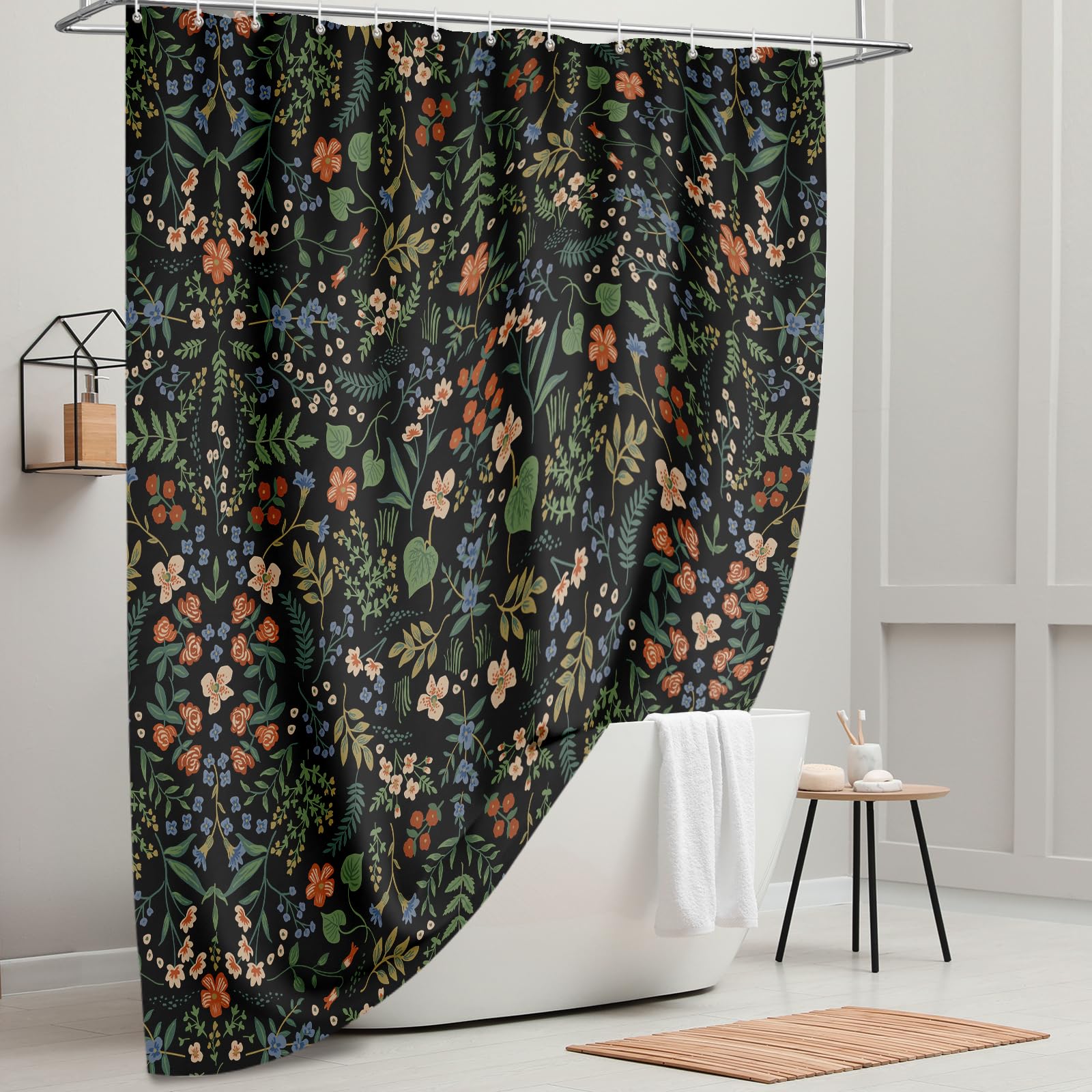 Tititex Boho Rustic Floral Black Shower Curtain, Vintage Watercolor Leaves With Flowers Bathroom Decoration Shower Curtain Sets