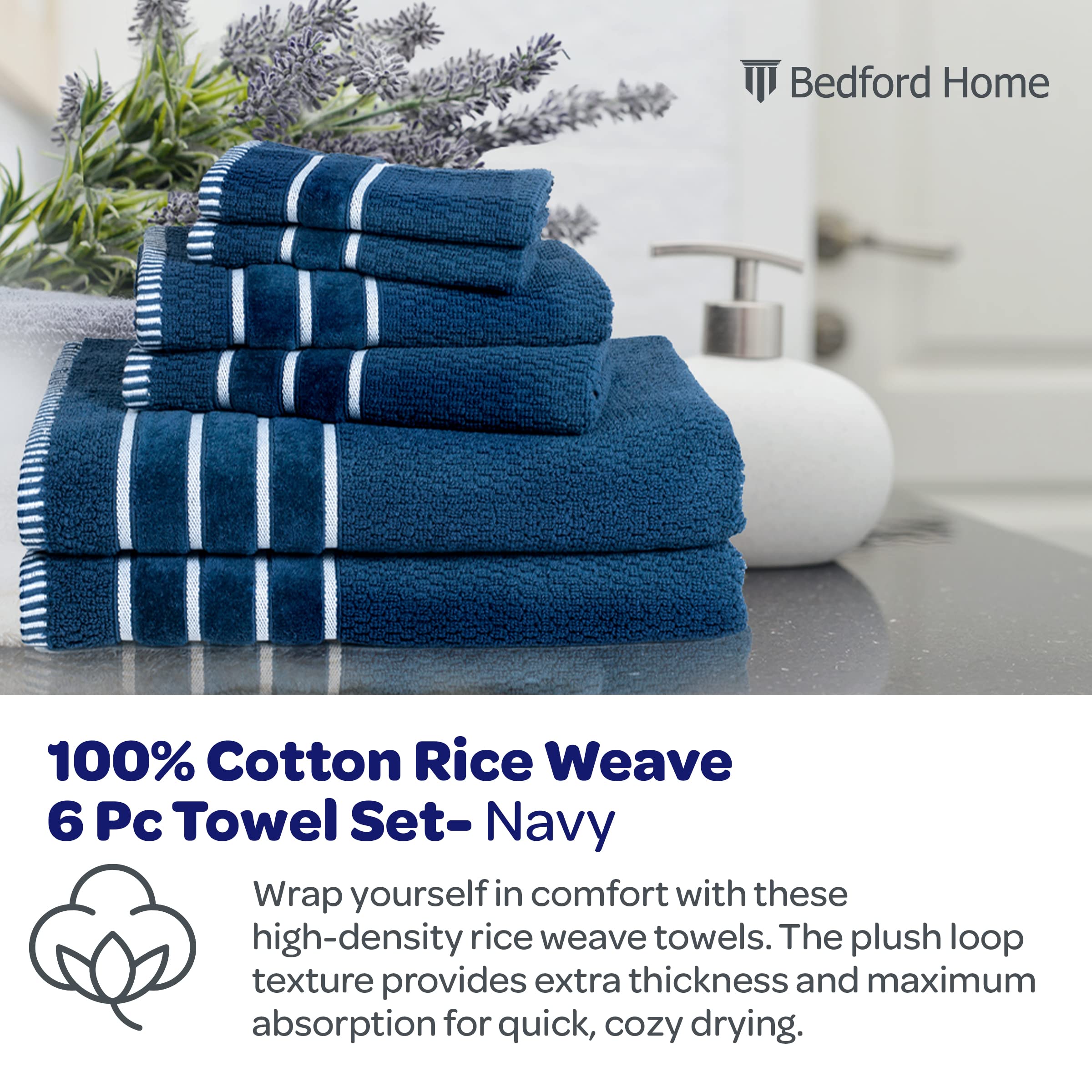 Bedford Home Home 100% Cotton Rice Weave 6 Pc Towel Set-Navy