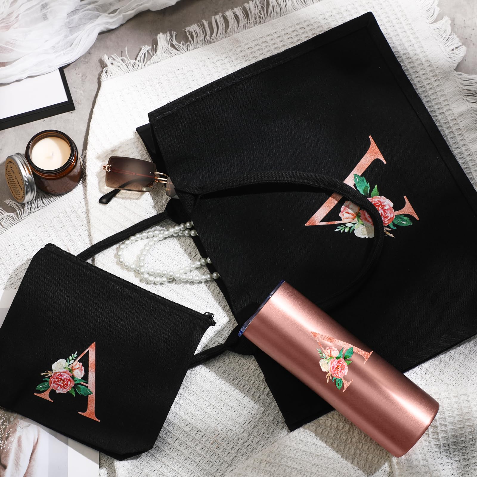 Huhumy Initial Canvas Tote Bag For Women Personalized Birthday Gift Tote Bag Makeup Bag Monogram Initial Tumbler For Women(A)