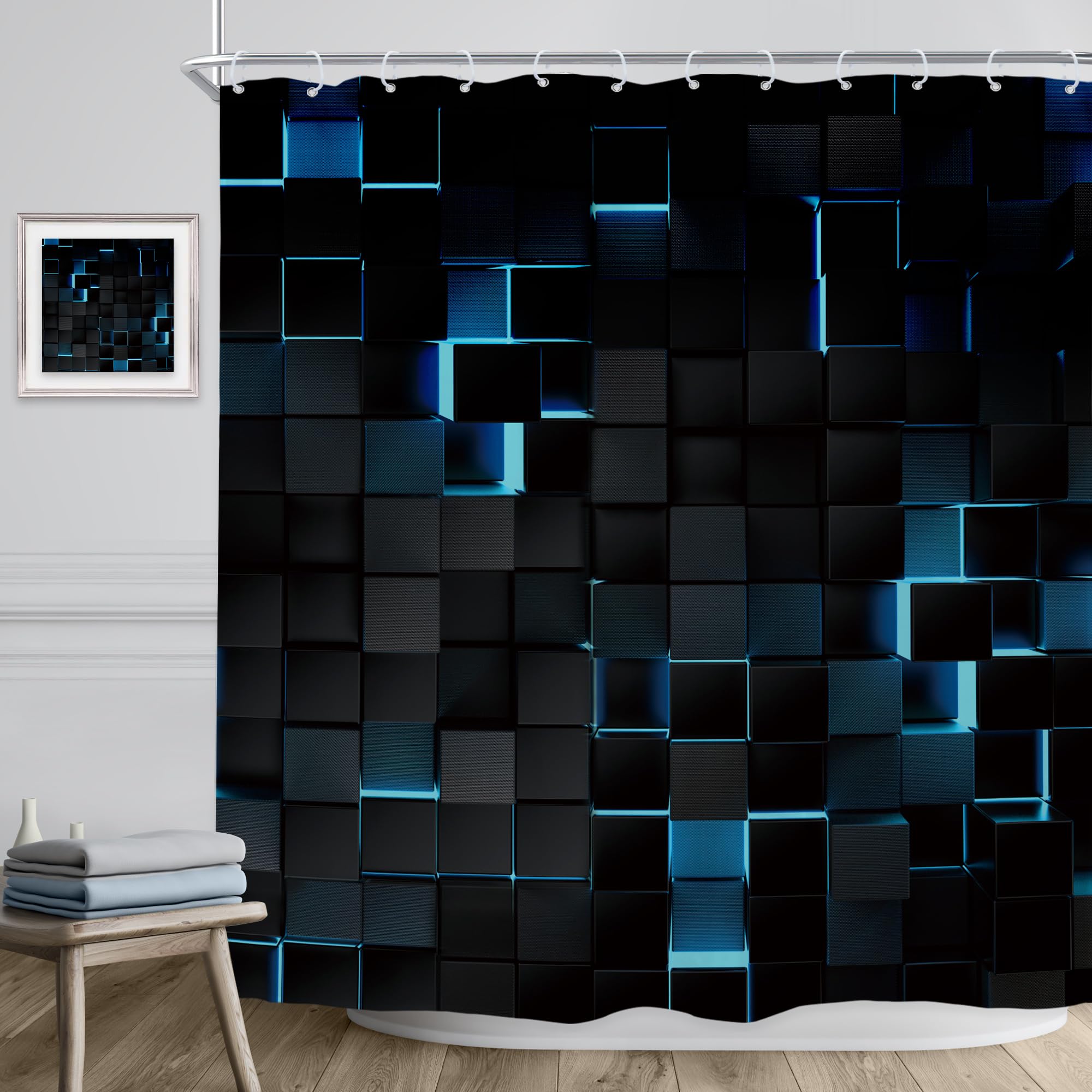 Riyidecor Black Navy Blue Wall Shower Curtain 72Wx72H Inch Abstract Brick Modern 3D Gradient Design Futuristic Cubes Geometric P
