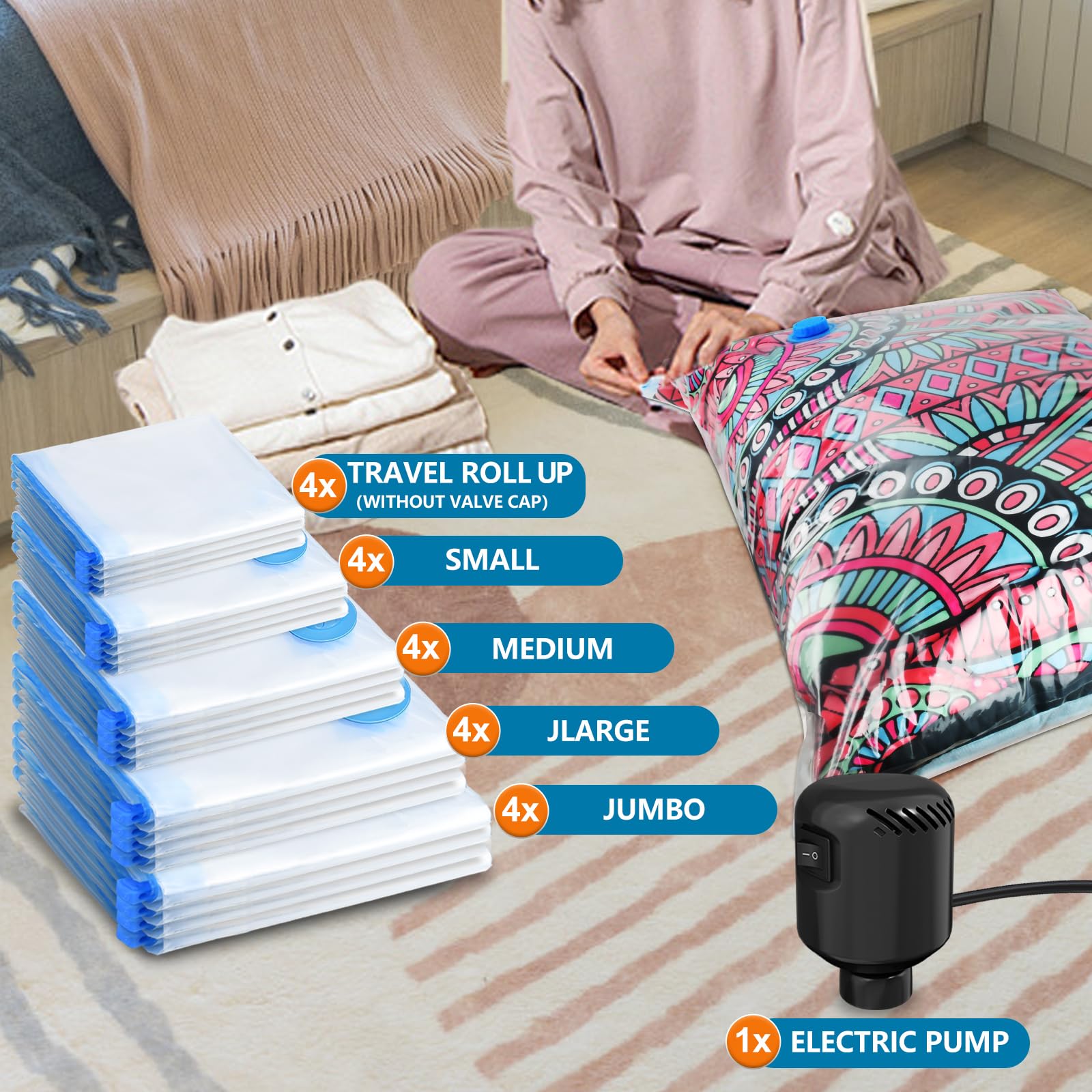 Kissleaf 20 Pack Vacuum Seal Bags For Clothing With Electric Air Pump,Space Saver Vacuum Storage Bags For Clothes,Mattress, Blan