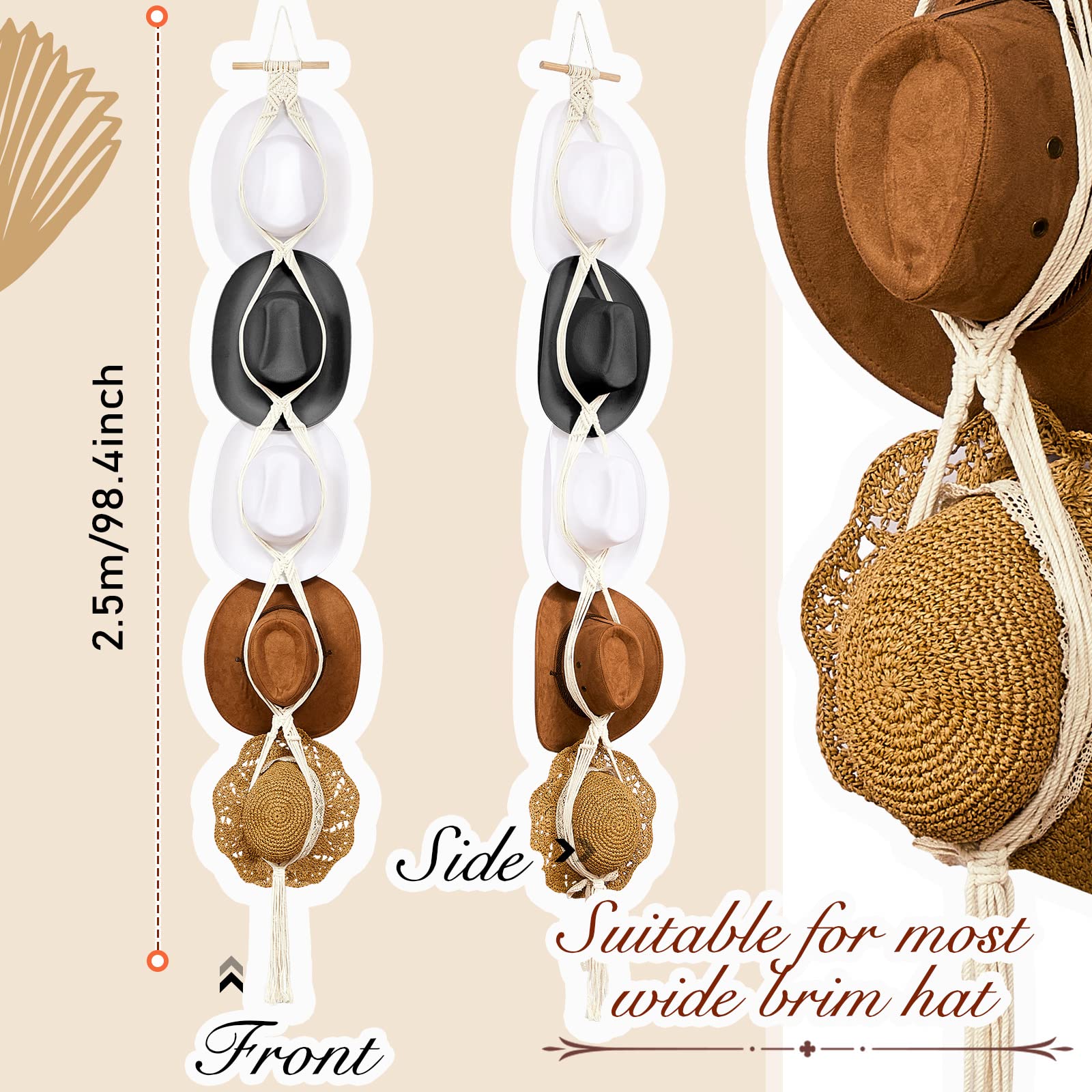 Yulejo Macrame Hat Hangers Boho Hat Rack Cowboy Hat Hanger Back Of Door Hat Organizer (White,Five Hats Style)