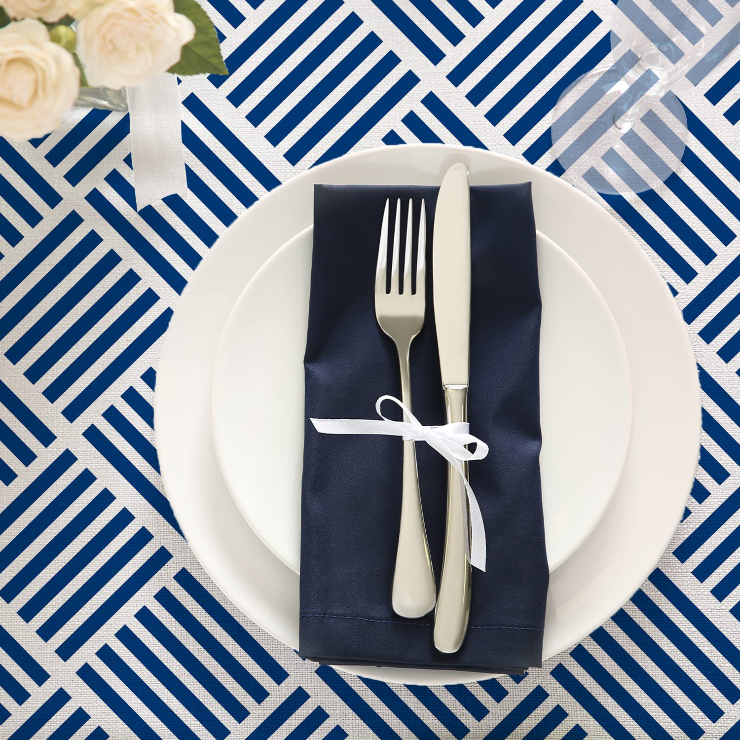 Bnejvif Oval Tablecloth Blue Striped Tablecloth, Modern Oval Tablecloth, Geometric Tablecloth, Indooroutdoor Waterproof Wrinkle