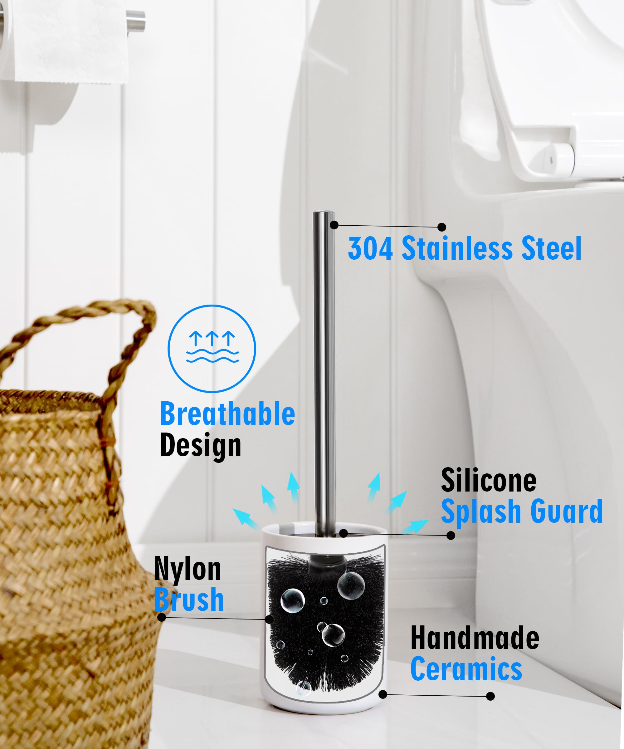 Viosuniu Ceramic Toilet Brush & Holder Set - Freestanding Deep-Cleaning Toilet Bowl Cleaner Brush, Stainless Steel Handle, Small