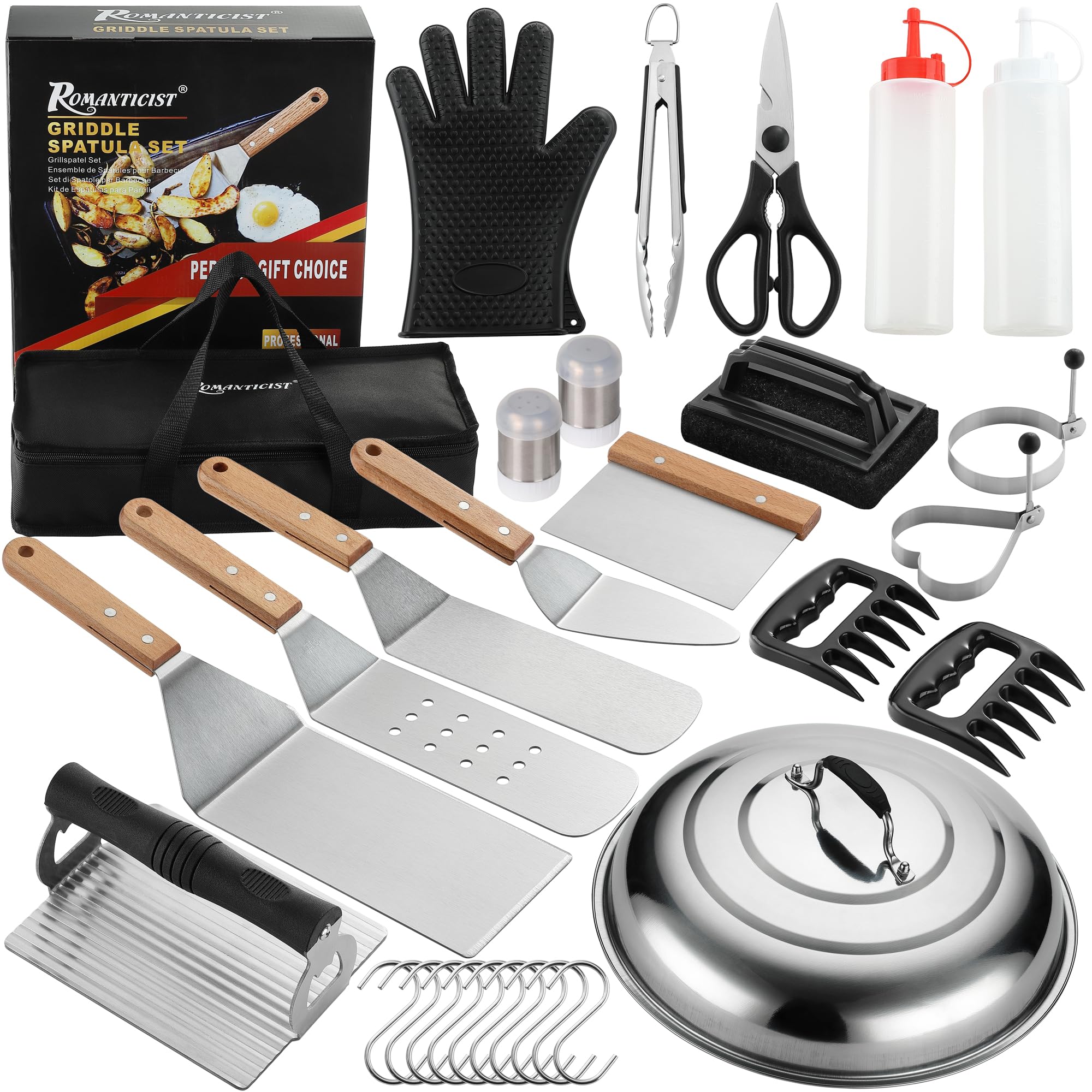 ROMANTICIST Professional Grade Griddle Accessories Kit - 30PCS Flat Top Grill Tools Set for Breakfast  Outdoor Grilling  Teppanyaki - Heavy Duty Griddle Spatula Scraper Burger Press - Ideal Grill Set