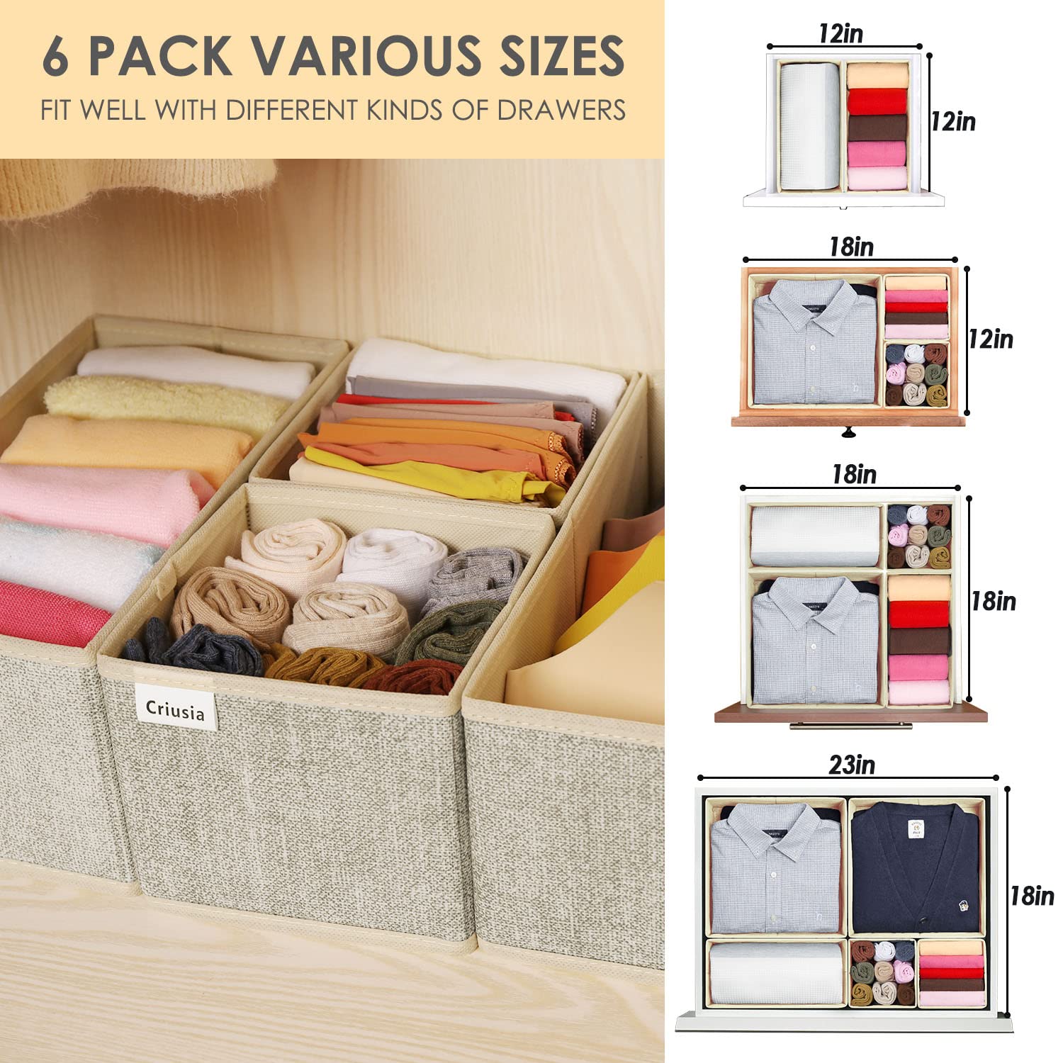 Criusia Underwear Drawer Organizer, 6 Set Foldable Underwear Drawer Organizer and Closet Dividers,Storage Box for Clothes, Socks