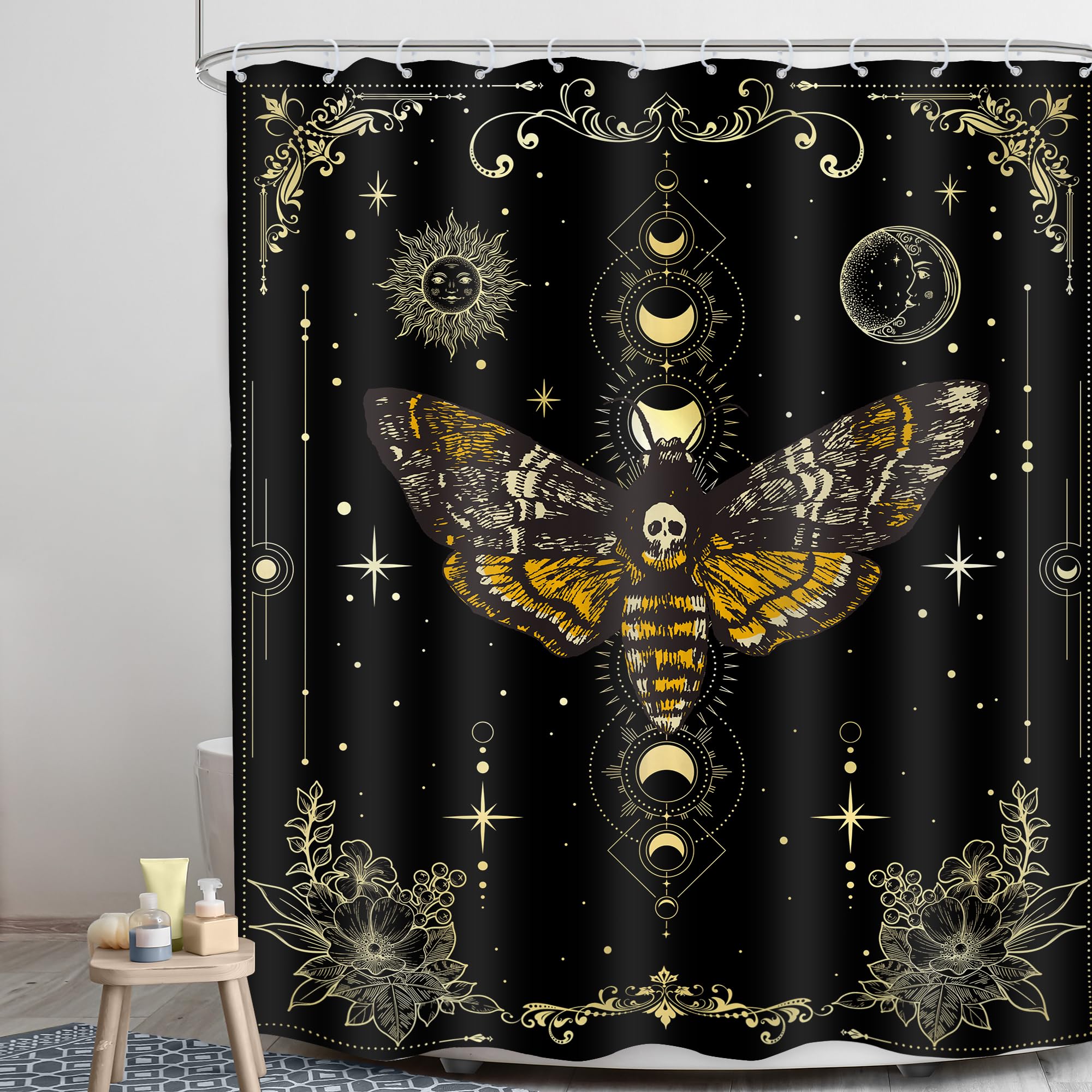 Lghtyro Skull Moth Gothic Shower Curtain Bathroom Set 60Wx71H Inches Witchy Moon Phase Black Gold Death Head Fairy Spooky Celest